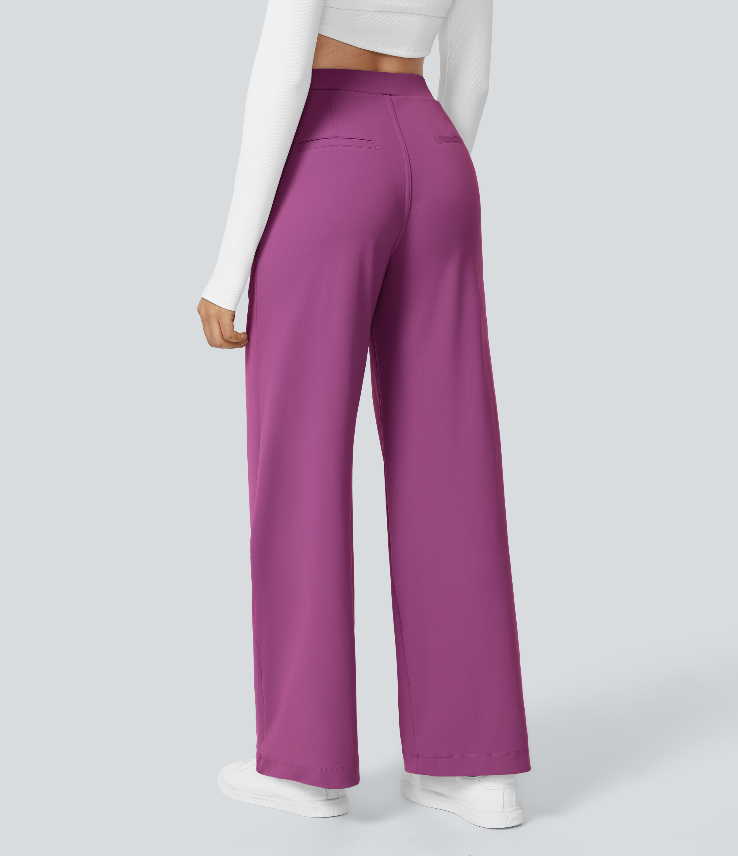 Deep Orchid High Waisted Pleated Straight Leg Work Pants with Pockets - 1