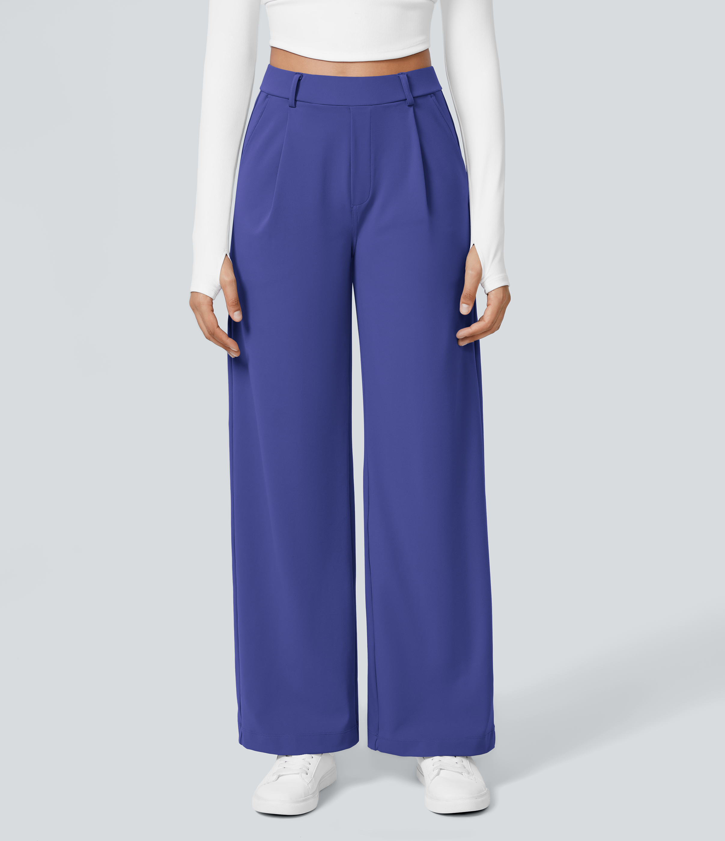 Royal Blue High Waisted Pleated Straight Leg Work Pants with Pockets - 2