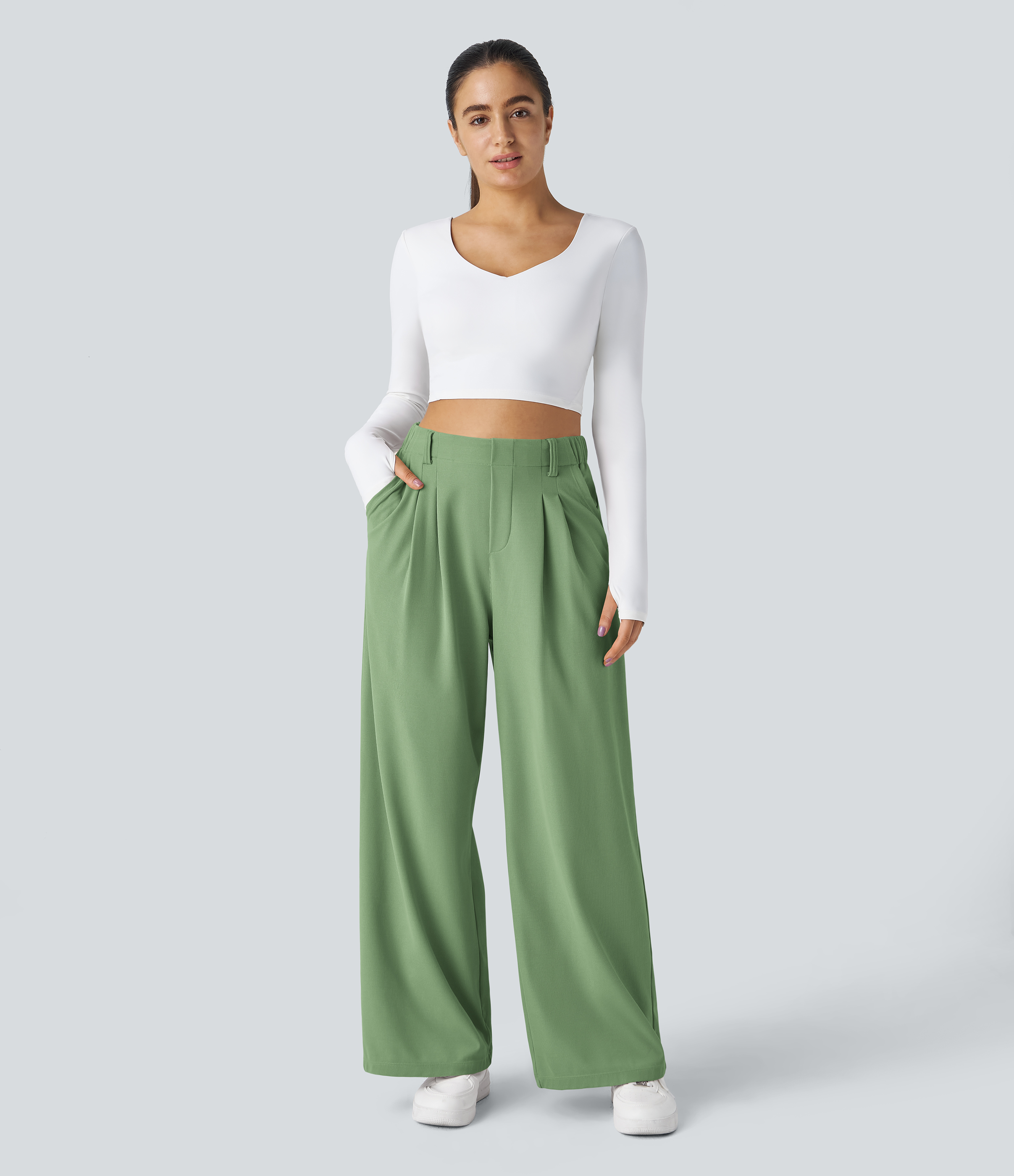 Kashmir High-Waisted Pleated Wide-Leg Waffle Work Pants with Pockets - 5