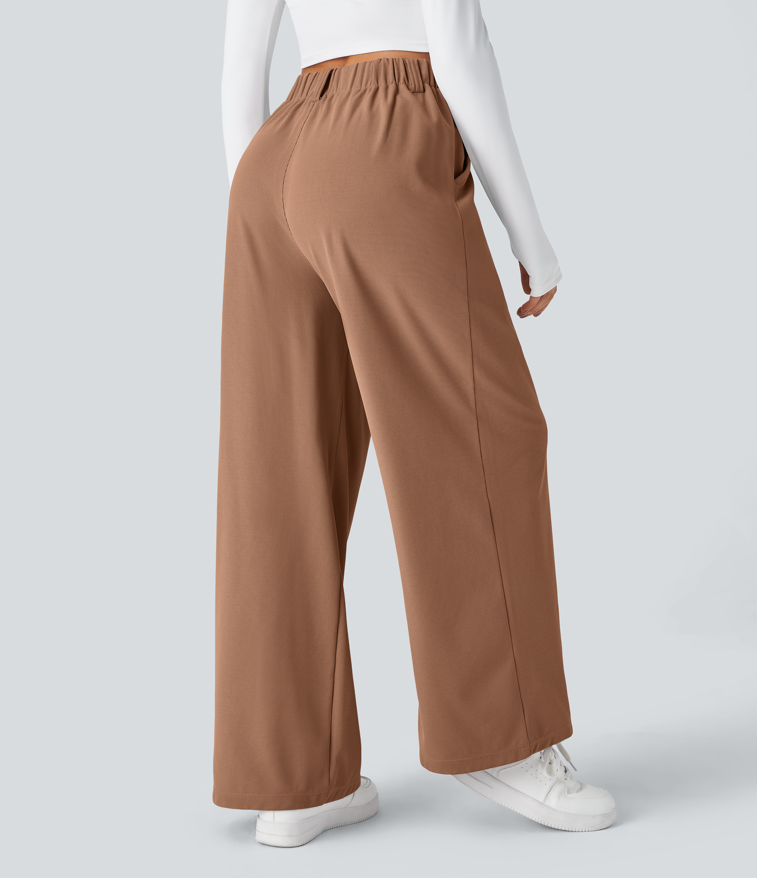 Macchiato High-Waisted Pleated Wide-Leg Waffle Work Pants with Pockets - 2