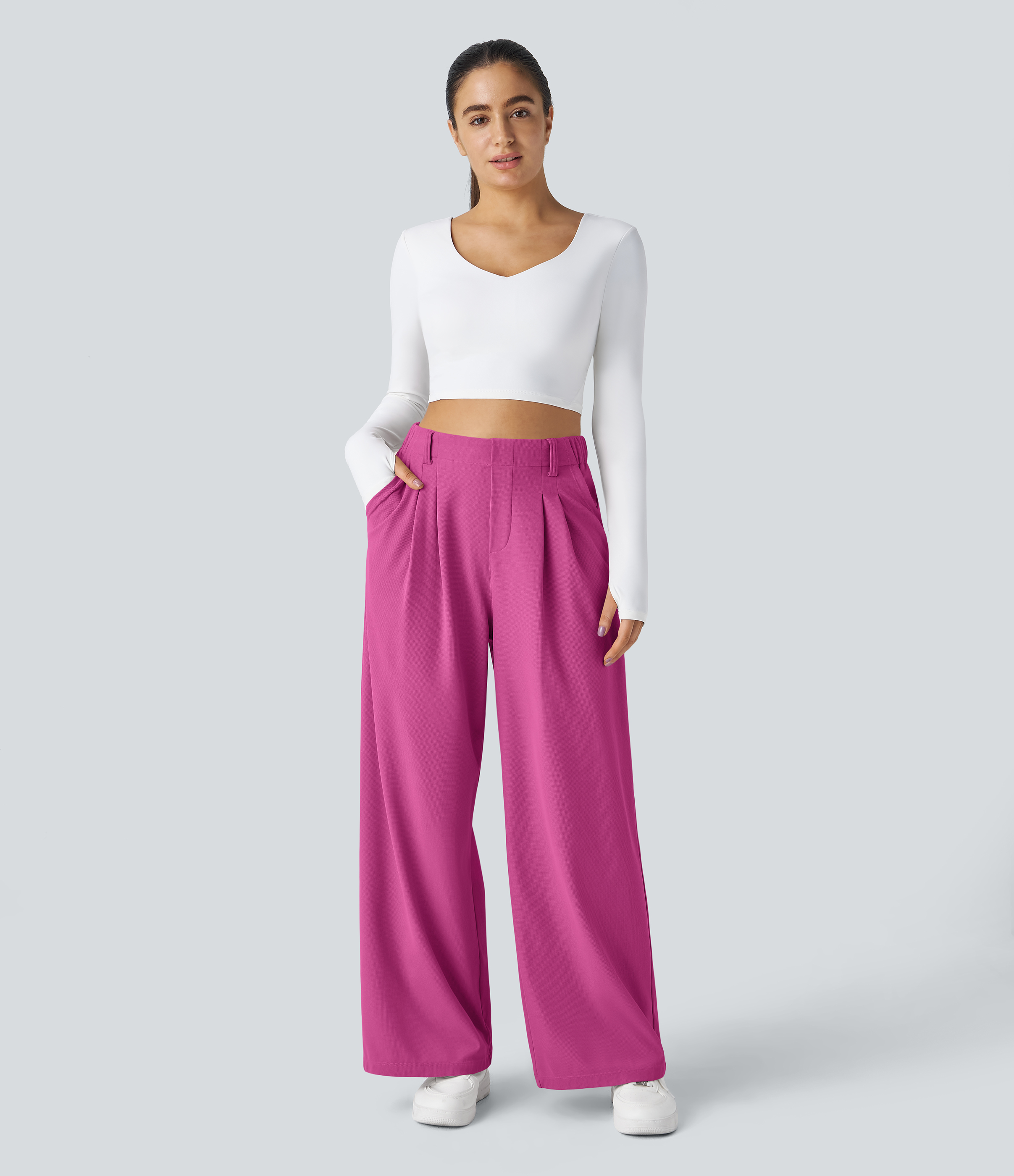 Fuchsia Fedora High-Waisted Pleated Wide-Leg Waffle Work Pants with Pockets - 5