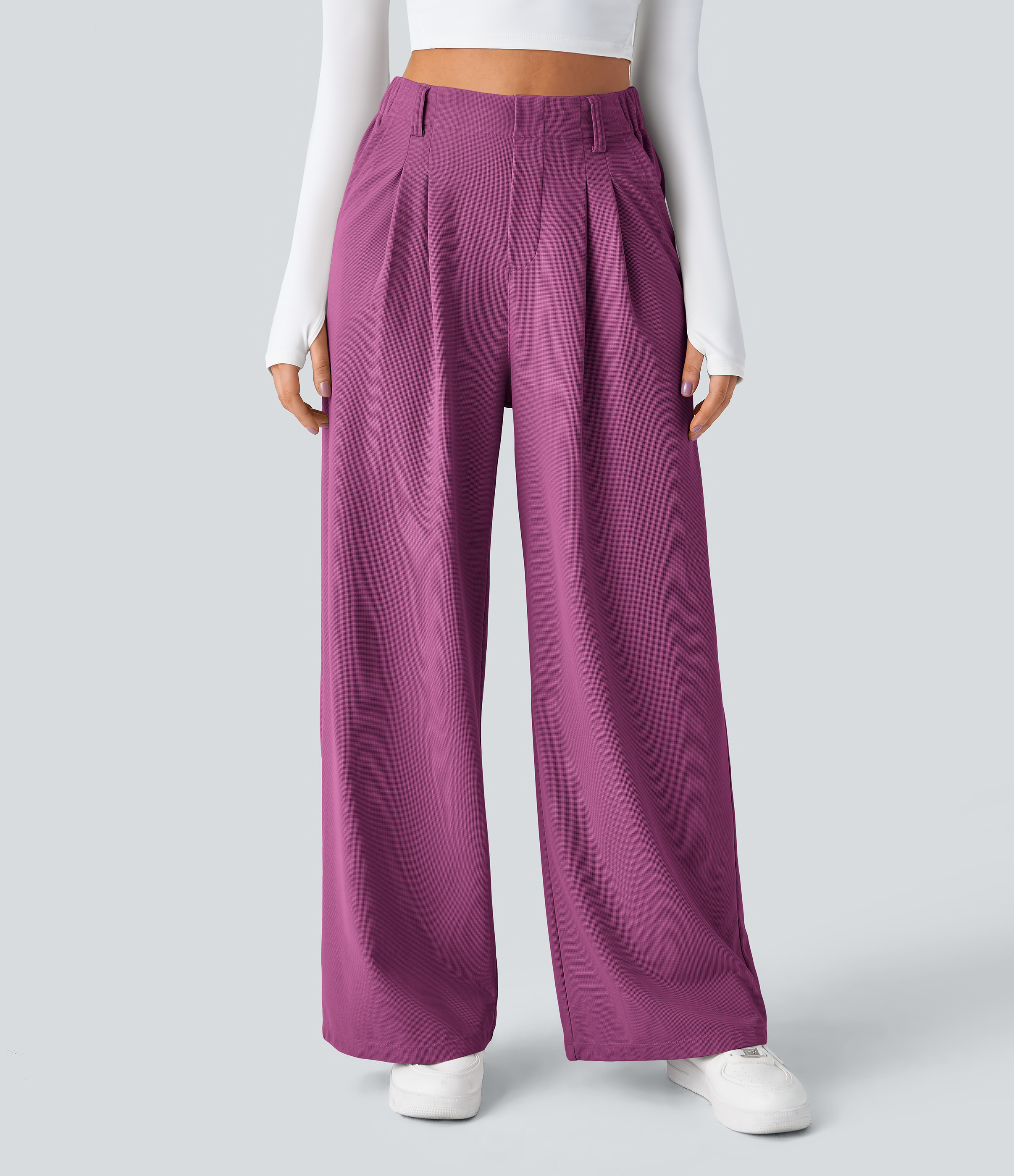 Meadow Mauve High-Waisted Pleated Wide-Leg Waffle Work Pants with Pockets - 3