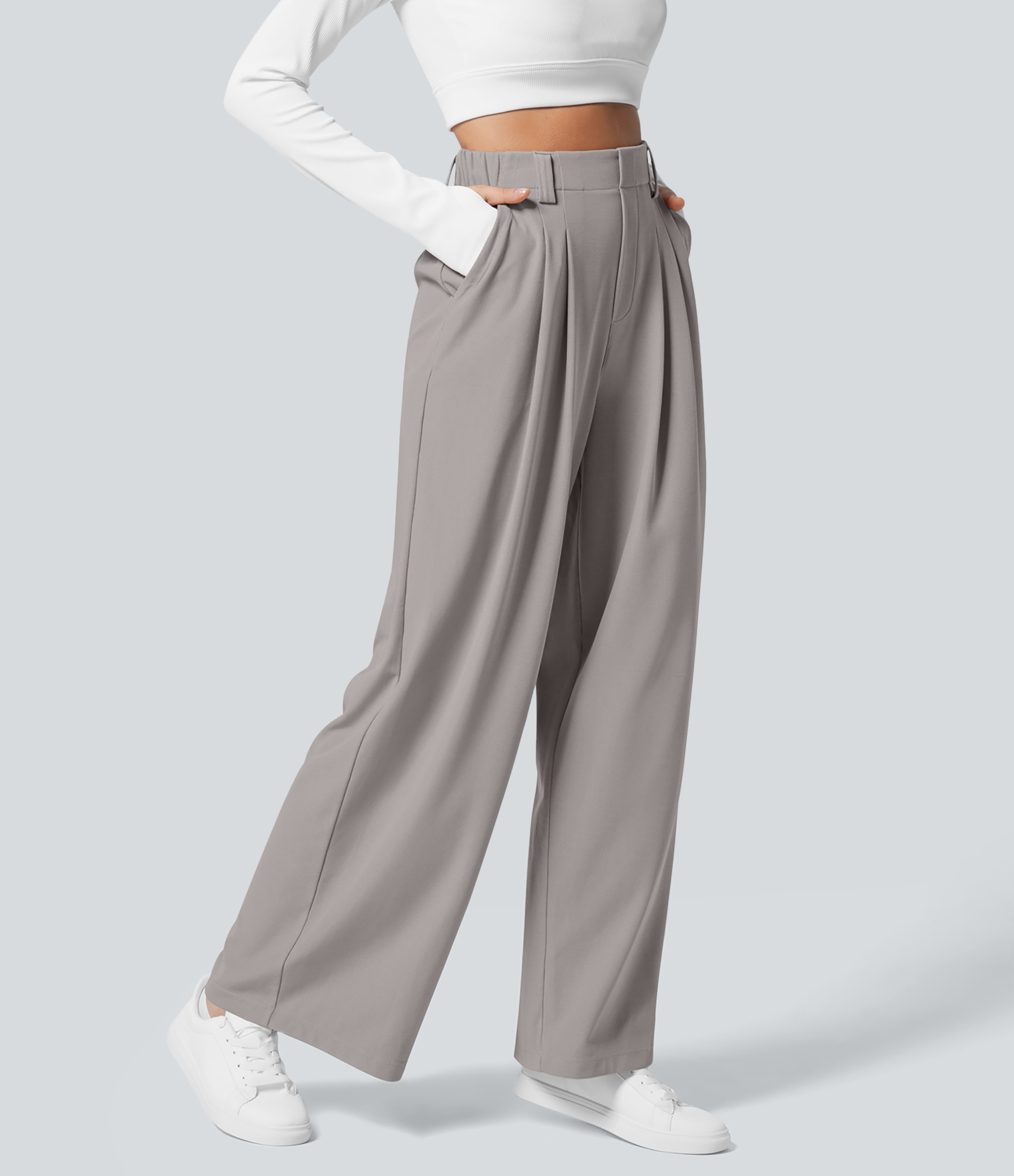 Mink Ash High-Waisted Pleated Wide-Leg Waffle Work Pants with Pockets - 1