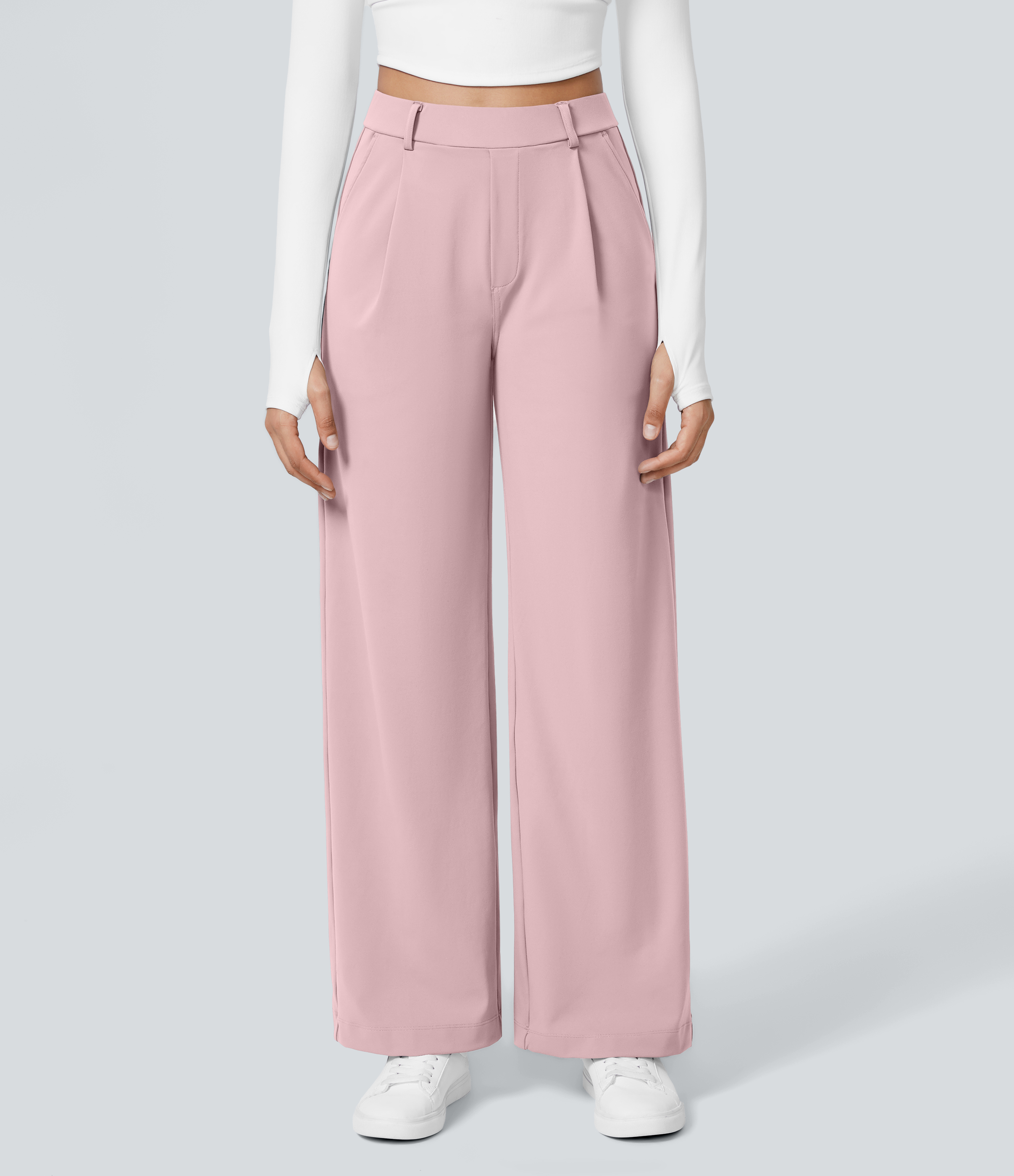 Primrose Pink High Waisted Pleated Straight Leg Work Pants with Pockets - 2