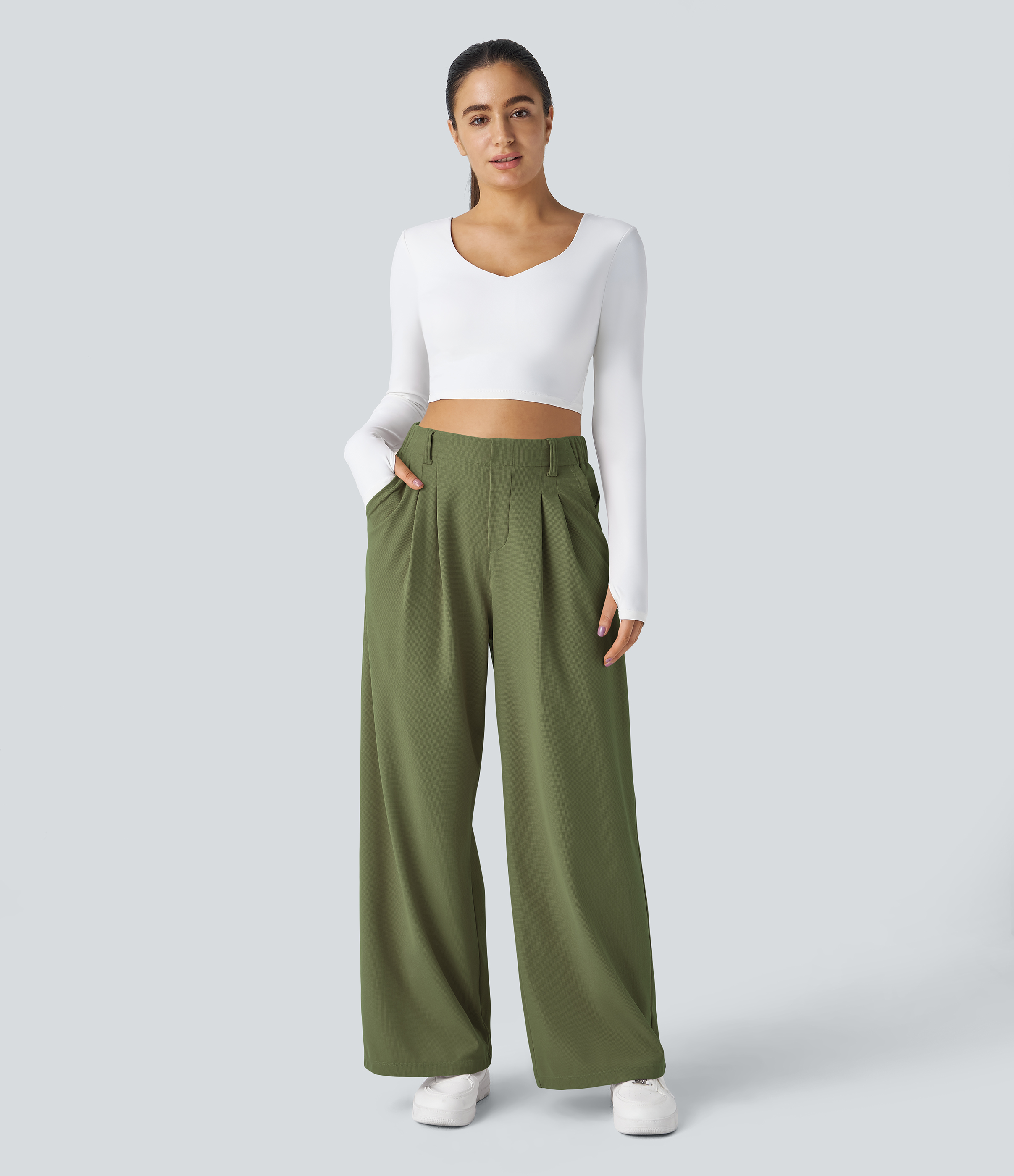 Loden Green High-Waisted Pleated Wide-Leg Waffle Work Pants with Pockets - 4