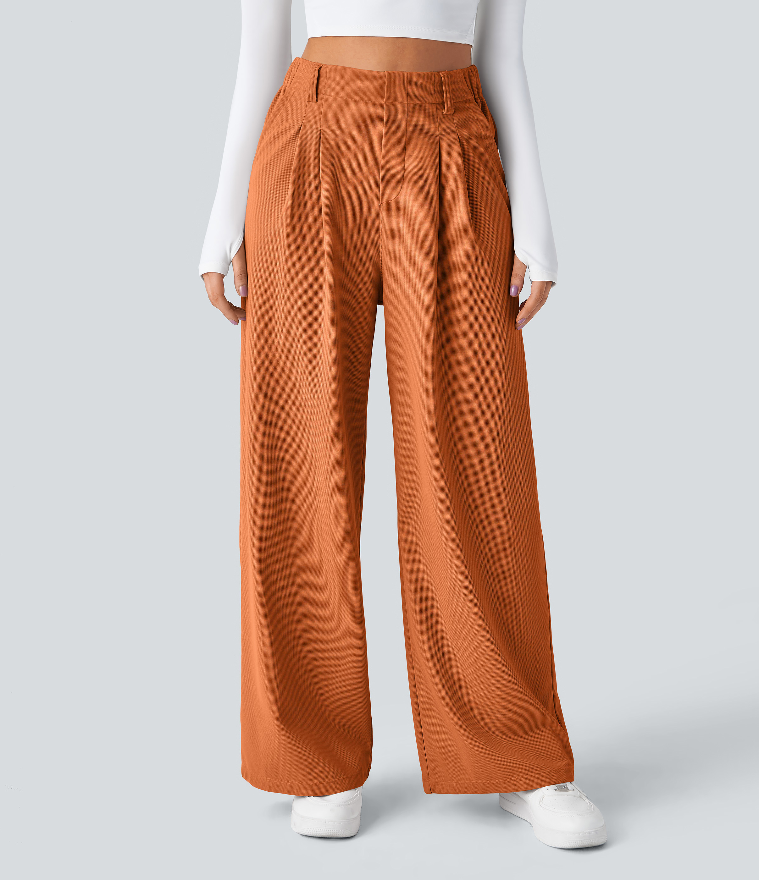 Apricot Orange High-Waisted Pleated Wide-Leg Waffle Work Pants with Pockets - 3