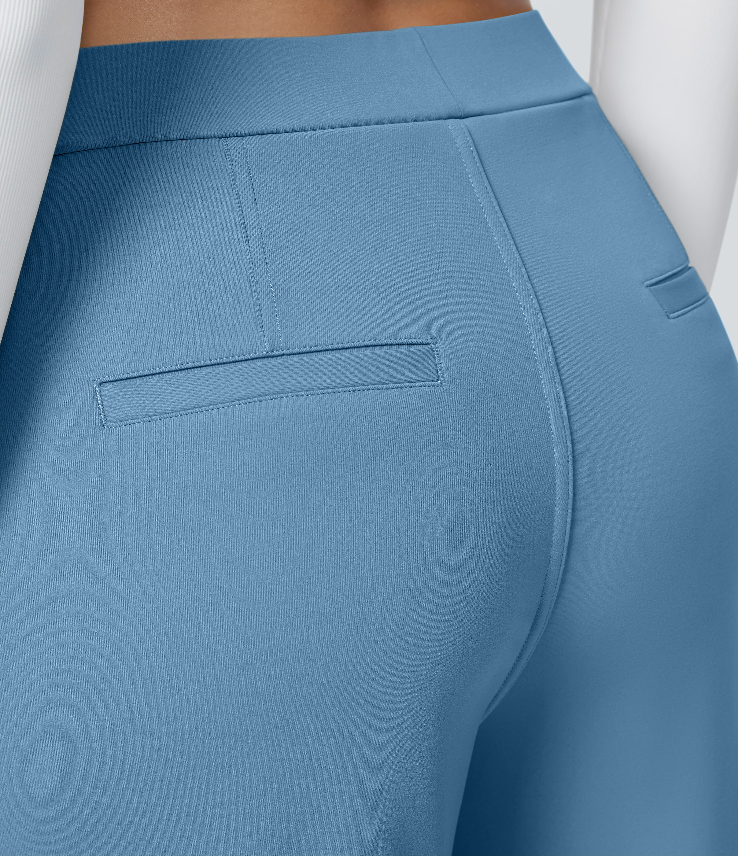 Light Azure High Waisted Pleated Straight Leg Work Pants with Pockets - 5