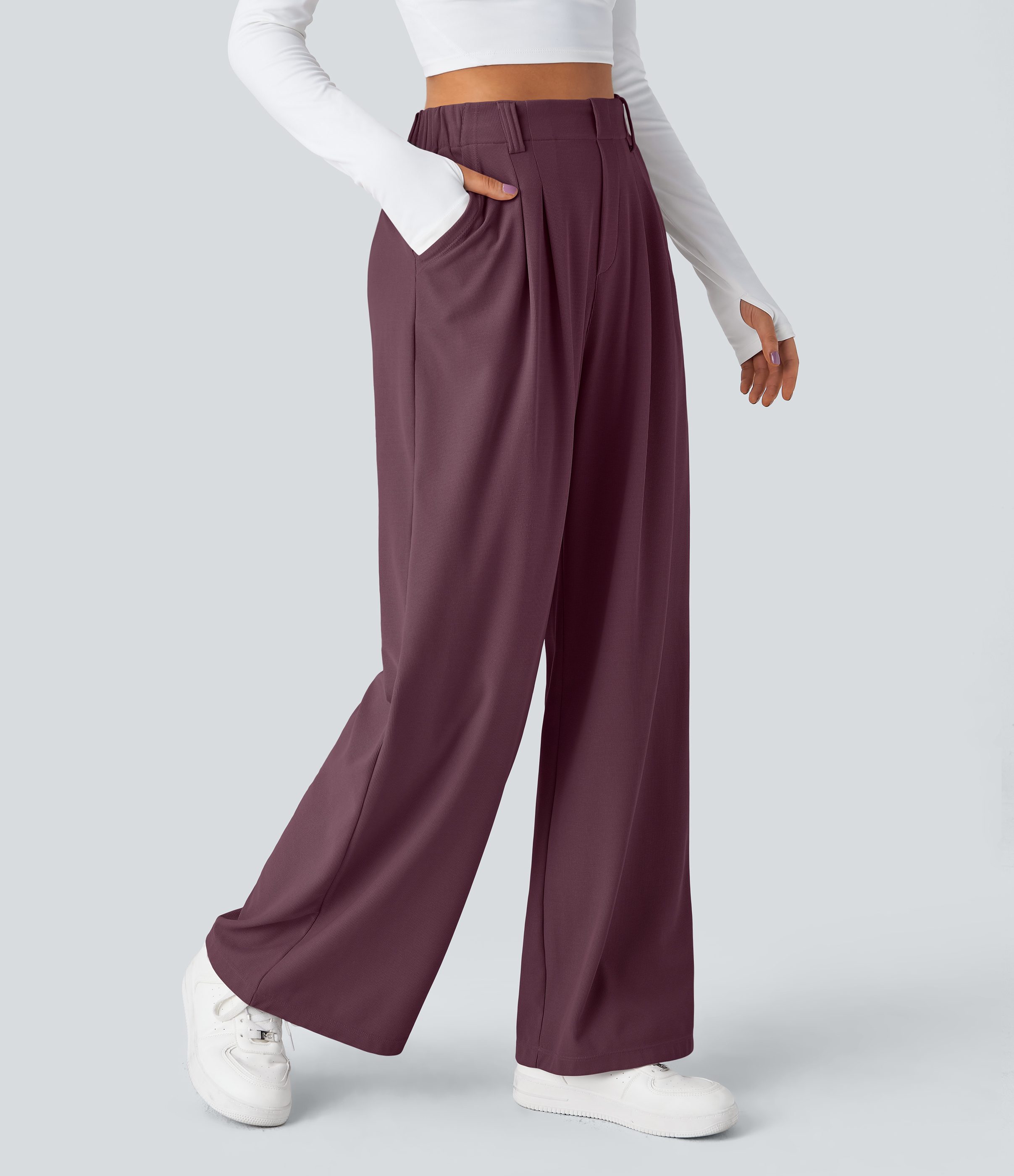 Plum Wine High-Waisted Pleated Wide-Leg Waffle Work Pants with Pockets - 1
