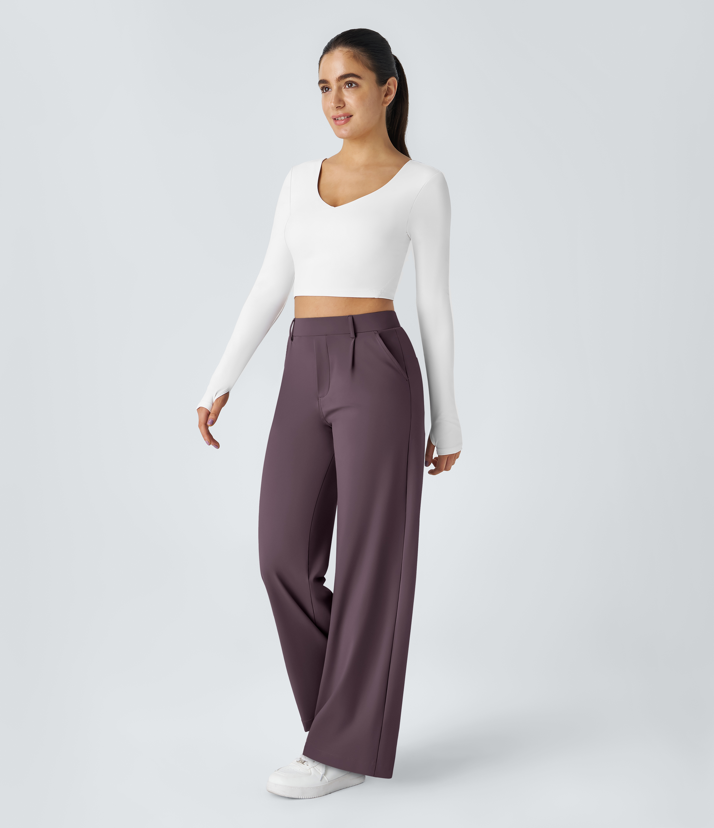 Dusky Evening purple High Waisted Pleated Straight Leg Work Pants with Pockets - 6