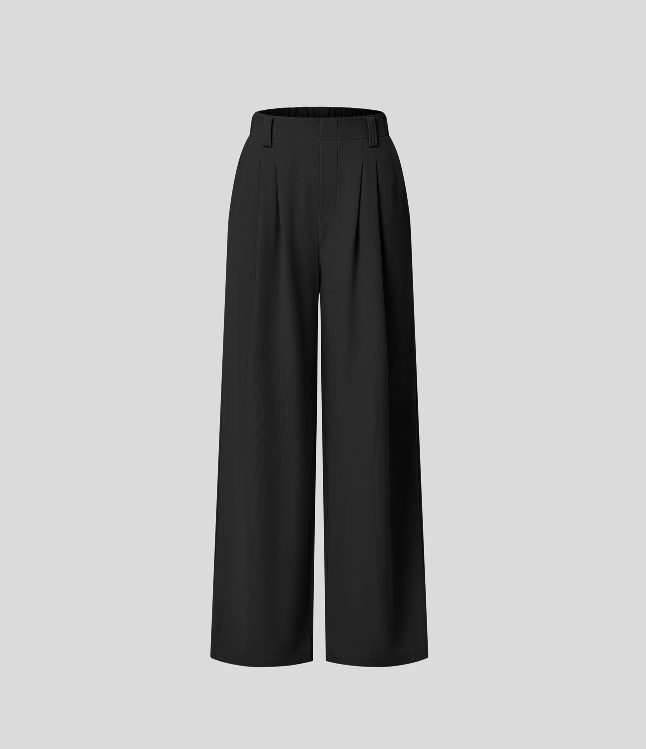 Black High-Waisted Pleated Wide-Leg Waffle Work Pants with Pockets - 7
