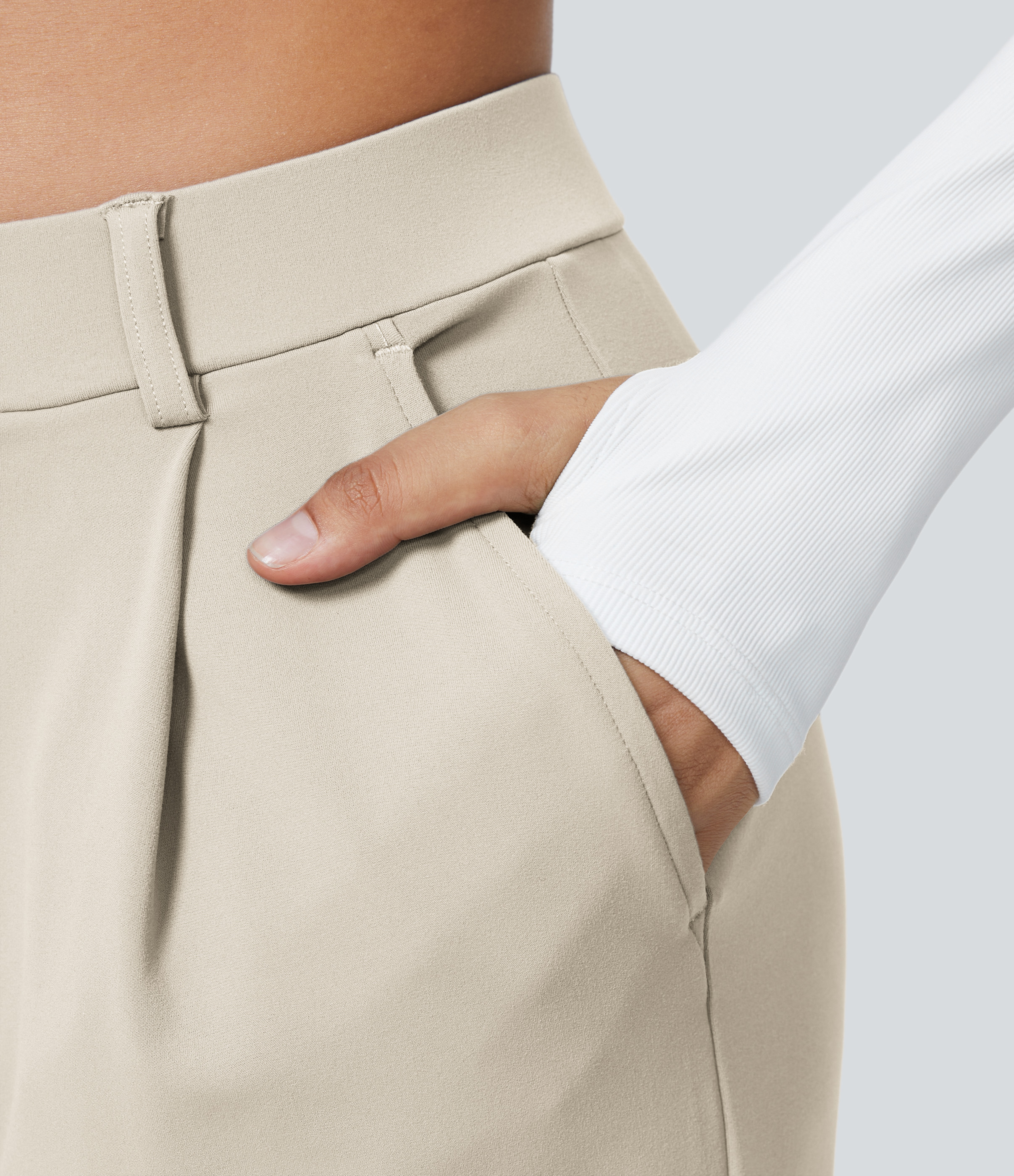 Oat Milk High Waisted Pleated Straight Leg Work Pants with Pockets - 4