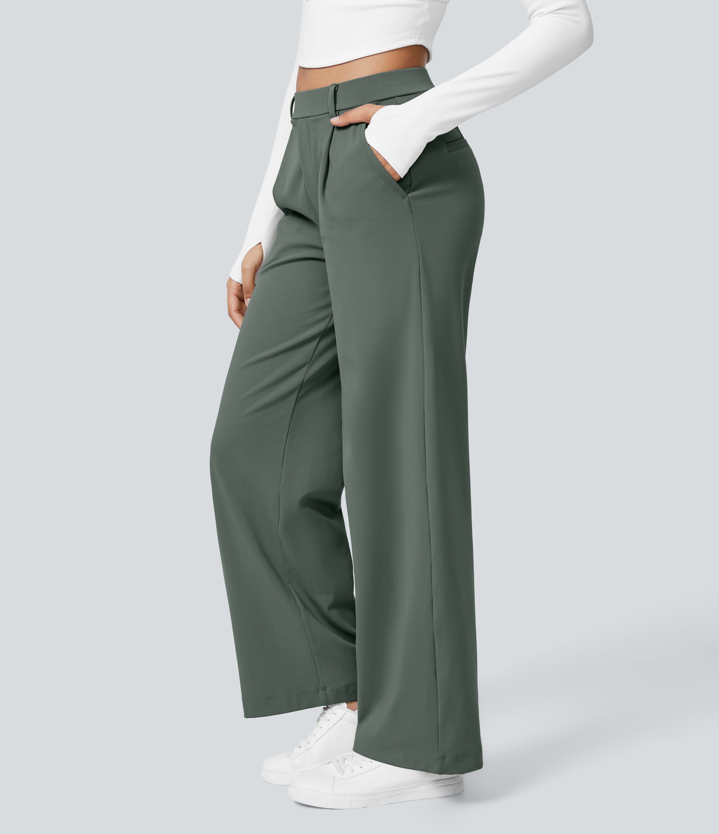 Deep Aquamarine High Waisted Pleated Straight Leg Work Pants with Pockets - 3