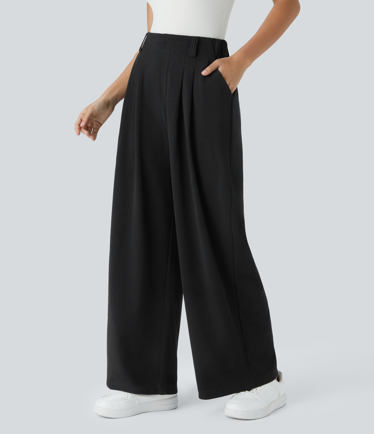 Black High-Waisted Pleated Wide-Leg Waffle Work Pants with Pockets - 3