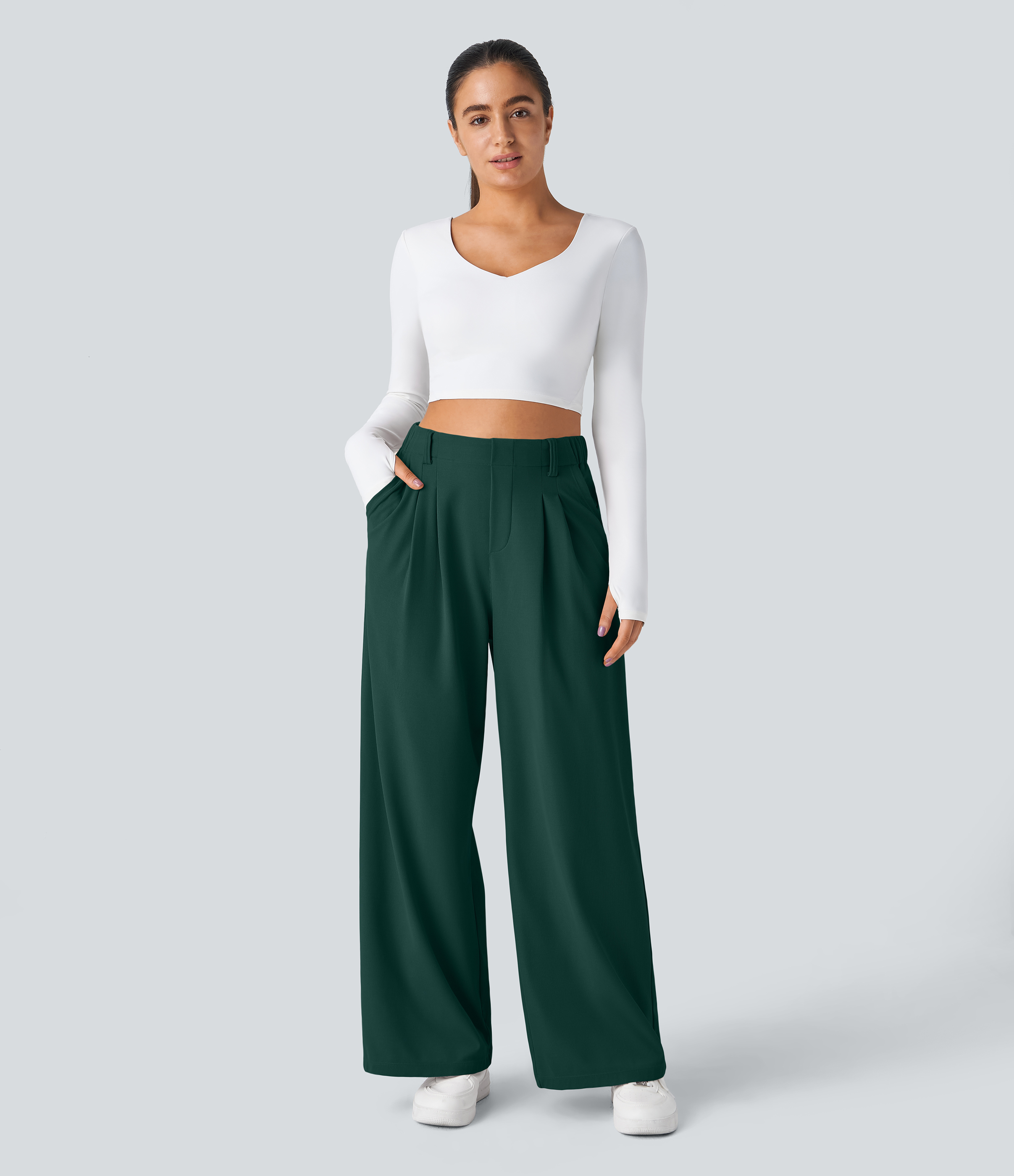 Forest Biome High-Waisted Pleated Wide-Leg Waffle Work Pants with Pockets - 5
