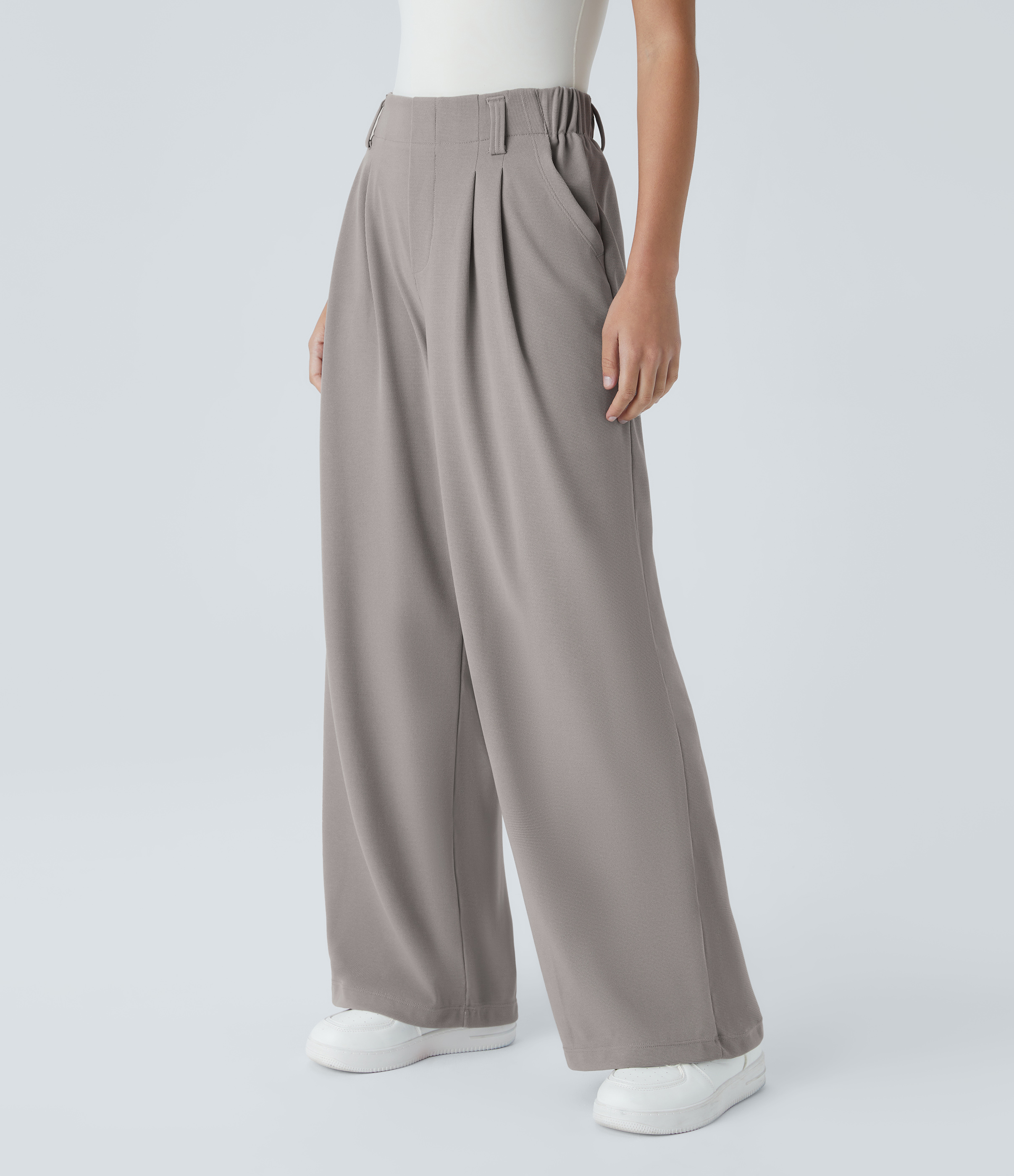 Mink Ash High-Waisted Pleated Wide-Leg Waffle Work Pants with Pockets - 4