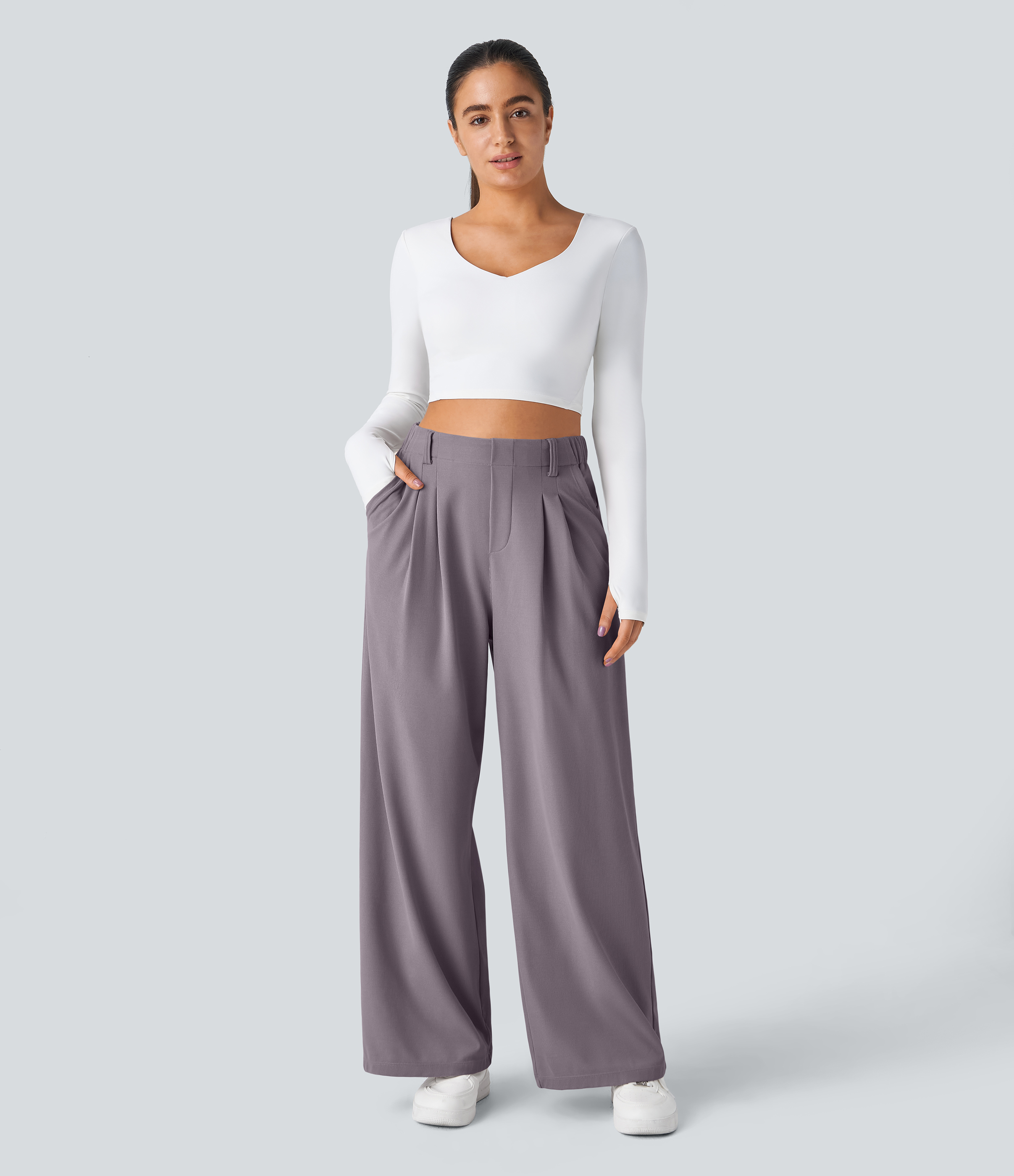 Hibiscus Purple High-Waisted Pleated Wide-Leg Waffle Work Pants with Pockets - 5