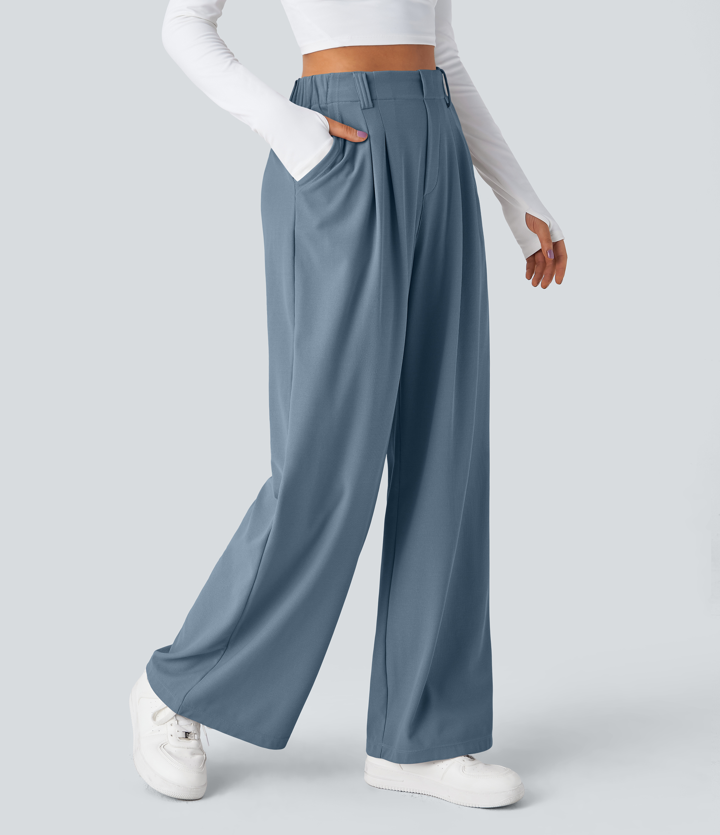 Mountain Spring High-Waisted Pleated Wide-Leg Waffle Work Pants with Pockets - 1