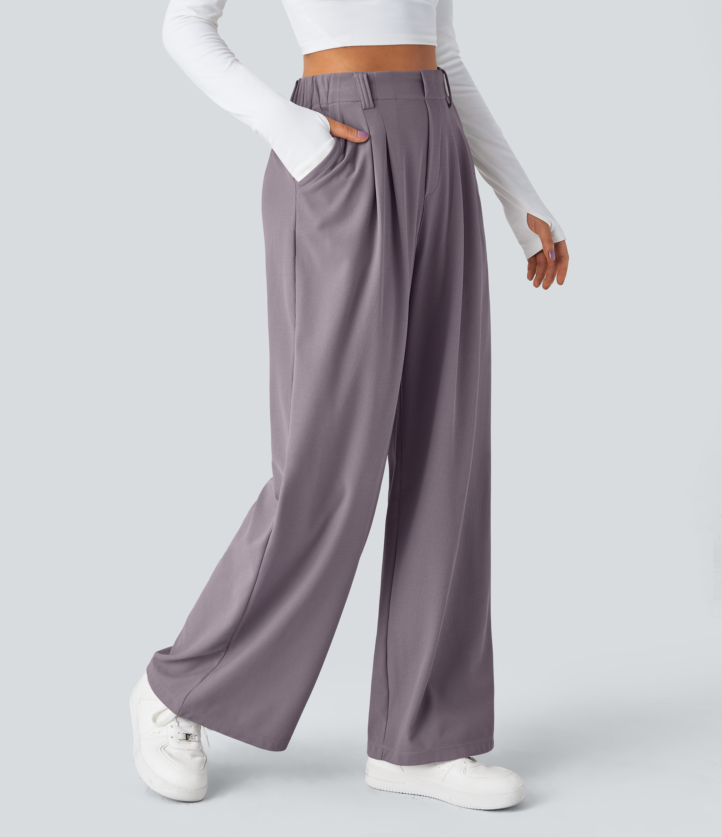 Hibiscus Purple High-Waisted Pleated Wide-Leg Waffle Work Pants with Pockets - 1