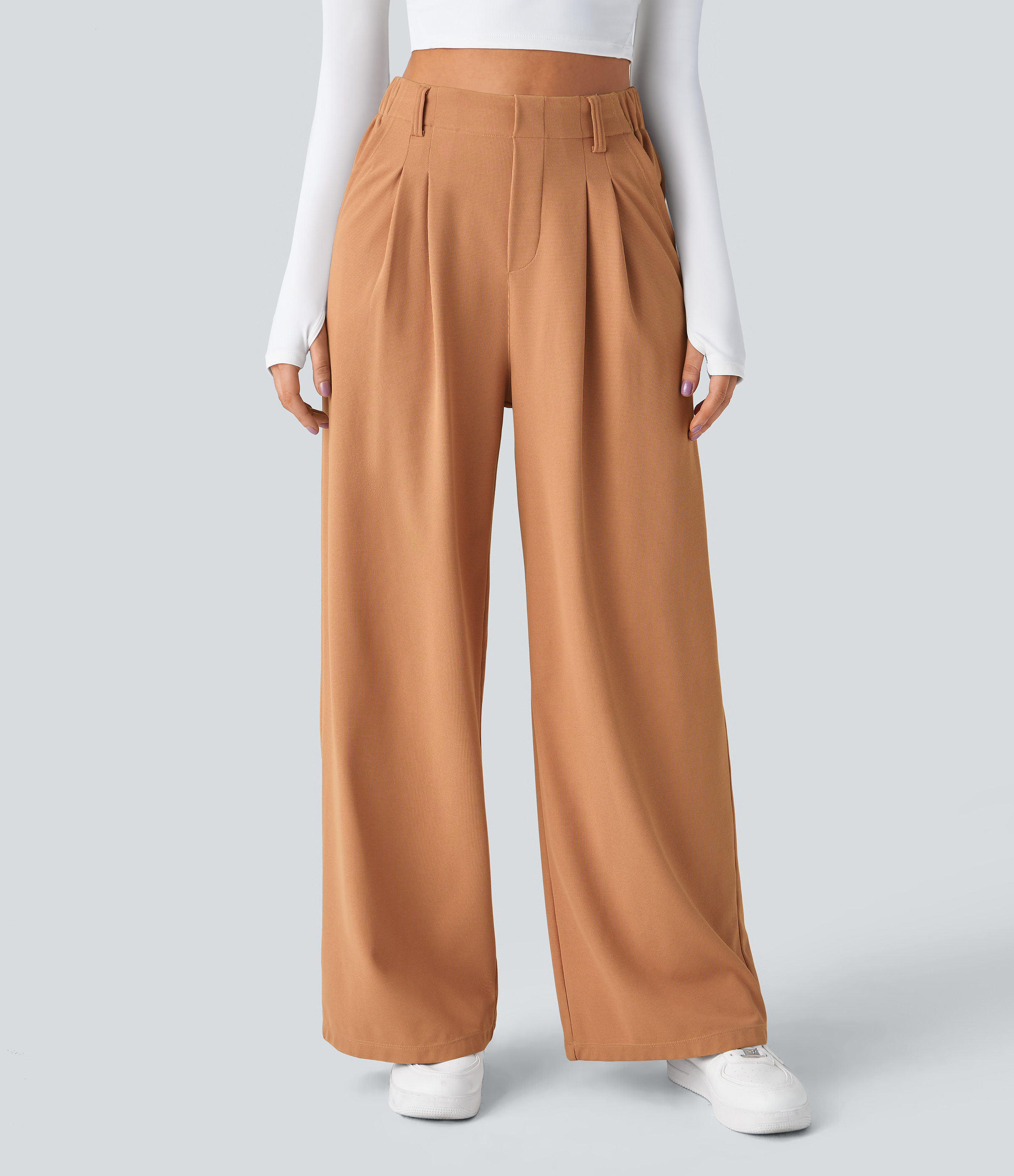 Saturated Orange High-Waisted Pleated Wide-Leg Waffle Work Pants with Pockets - 3