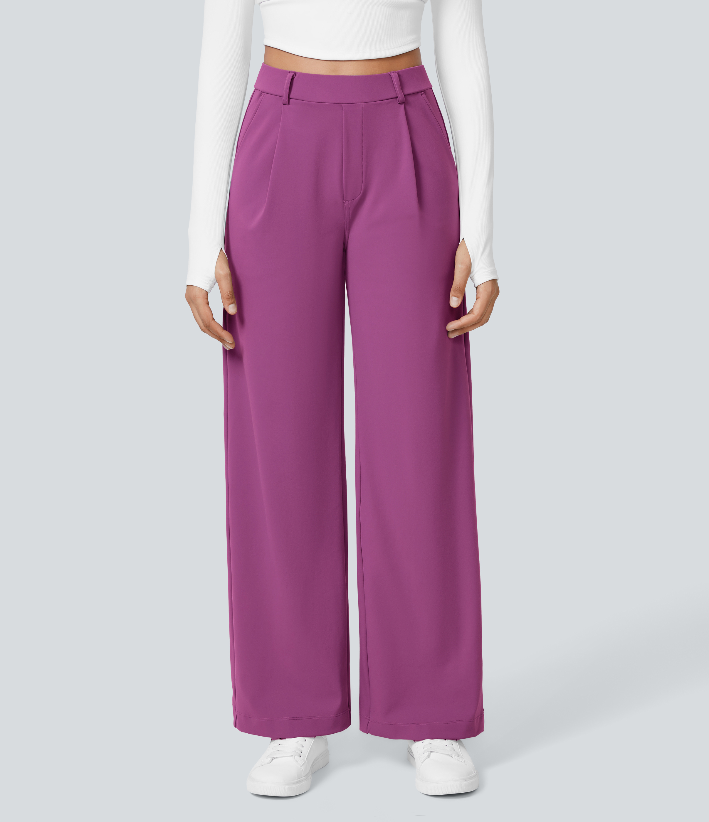 Deep Orchid High Waisted Pleated Straight Leg Work Pants with Pockets - 2