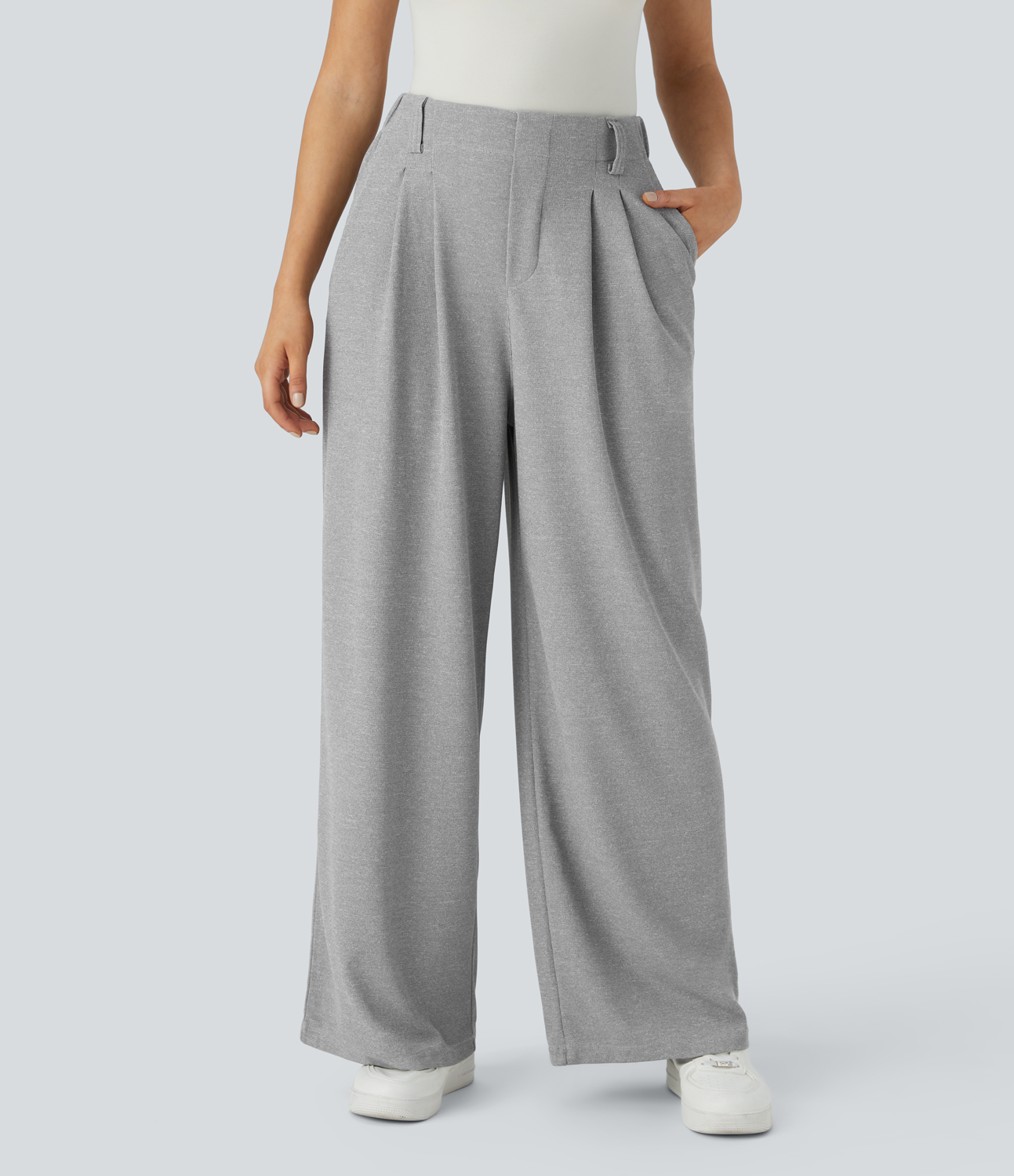 Waffle Gray High-Waisted Pleated Wide-Leg Waffle Work Pants with Pockets - 1