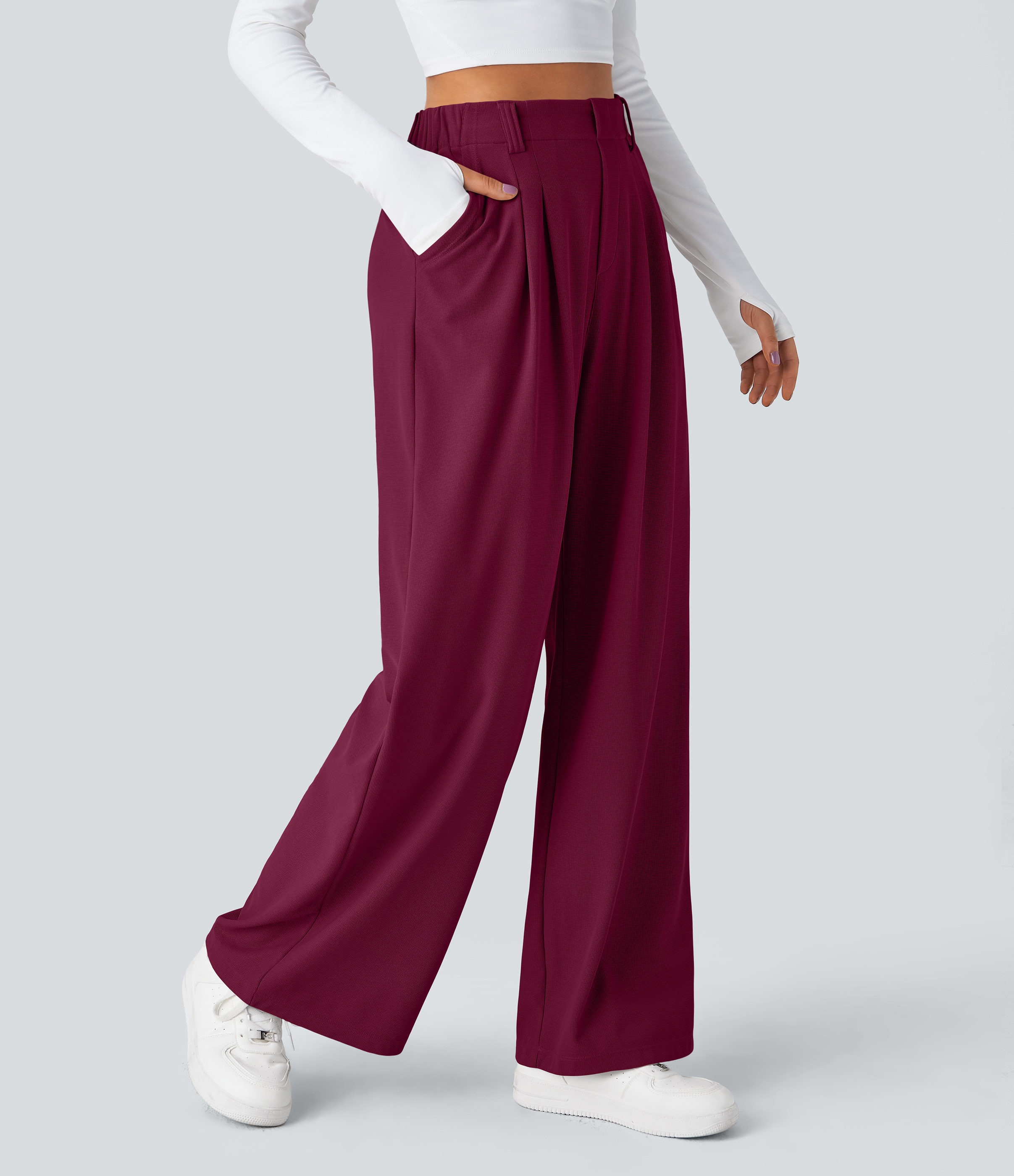 Anemone High-Waisted Pleated Wide-Leg Waffle Work Pants with Pockets - 1