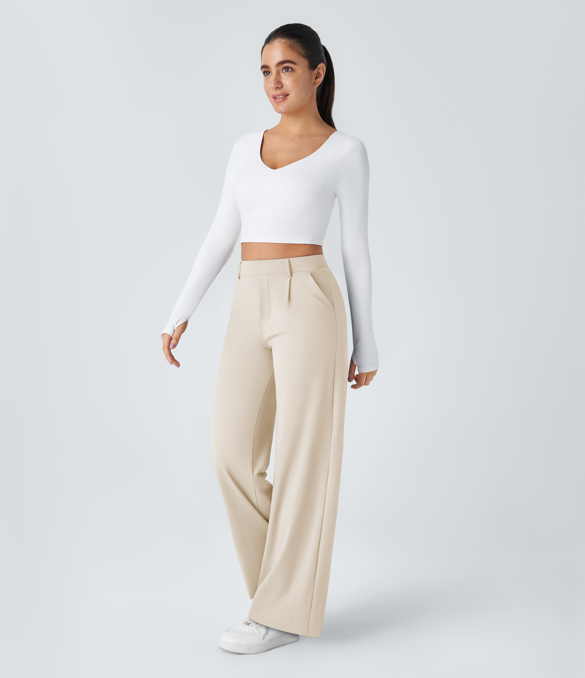 Egg Cream White High Waisted Pleated Straight Leg Work Pants with Pockets - 6