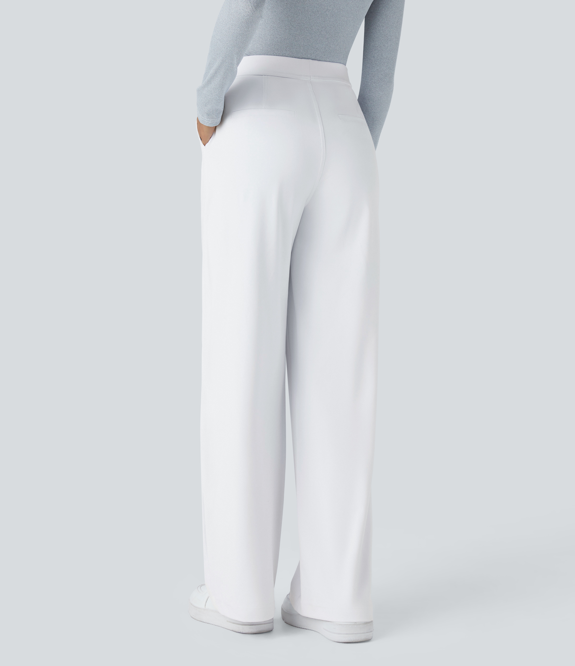 White High Waisted Pleated Straight Leg Work Pants with Pockets - 1