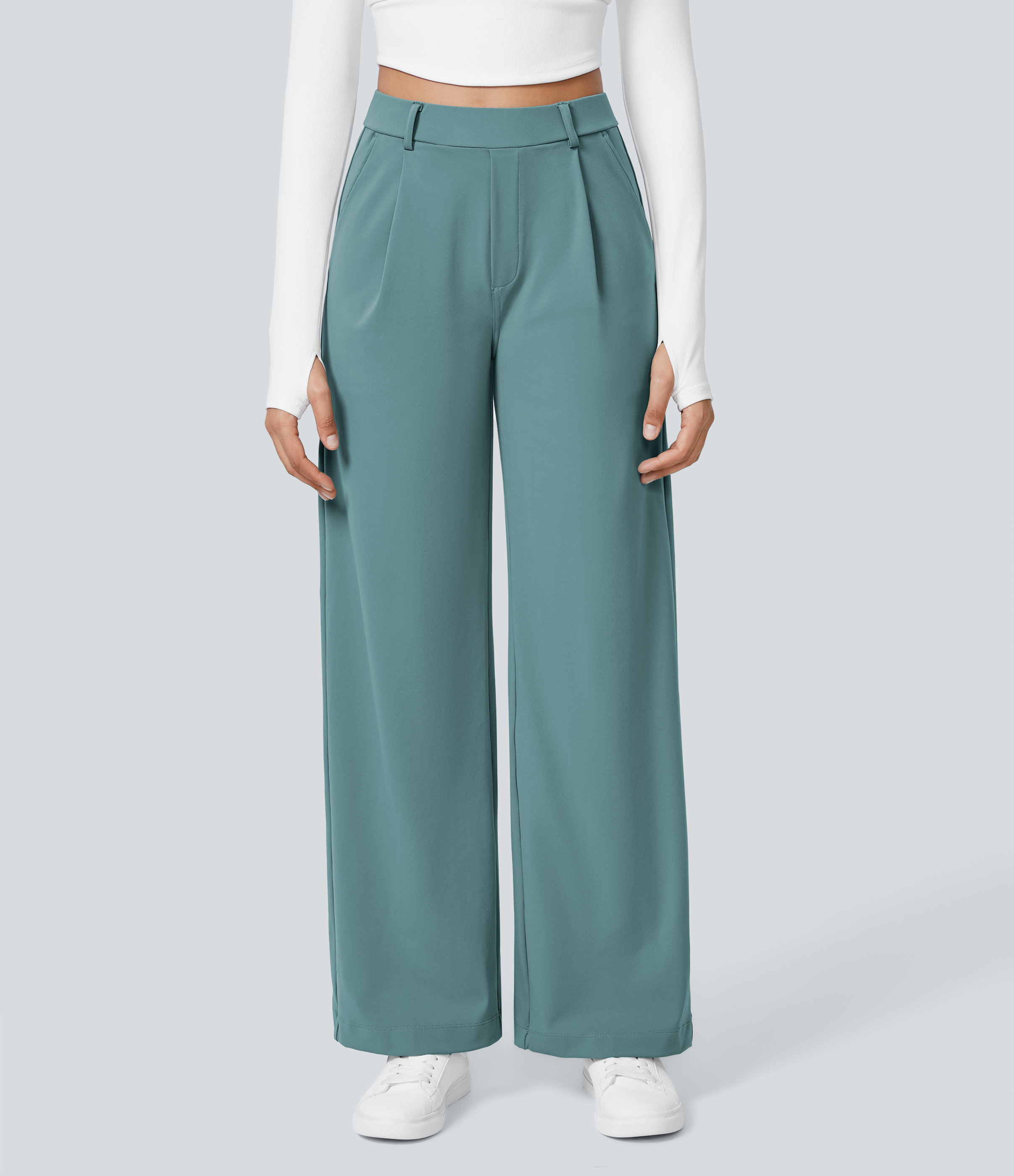Arctic High Waisted Pleated Straight Leg Work Pants with Pockets - 2