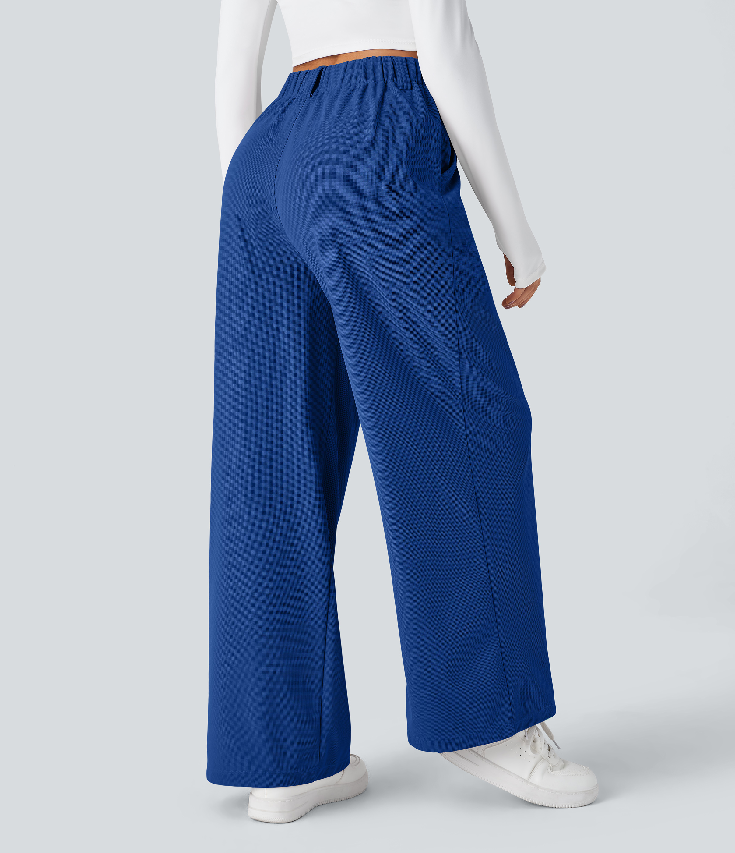 Deep Sapphire Blue High-Waisted Pleated Wide-Leg Waffle Work Pants with Pockets - 2
