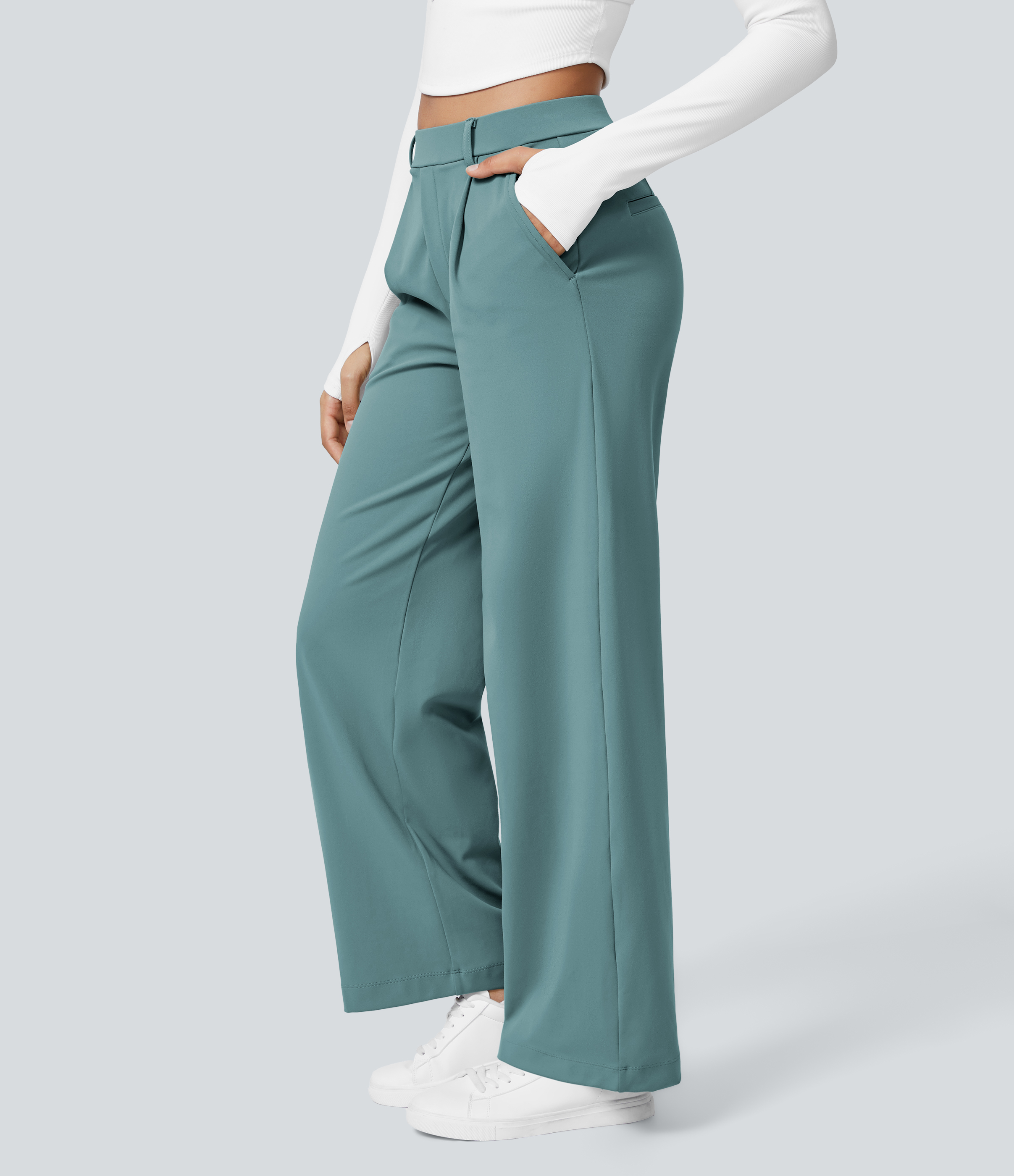 Arctic High Waisted Pleated Straight Leg Work Pants with Pockets - 3