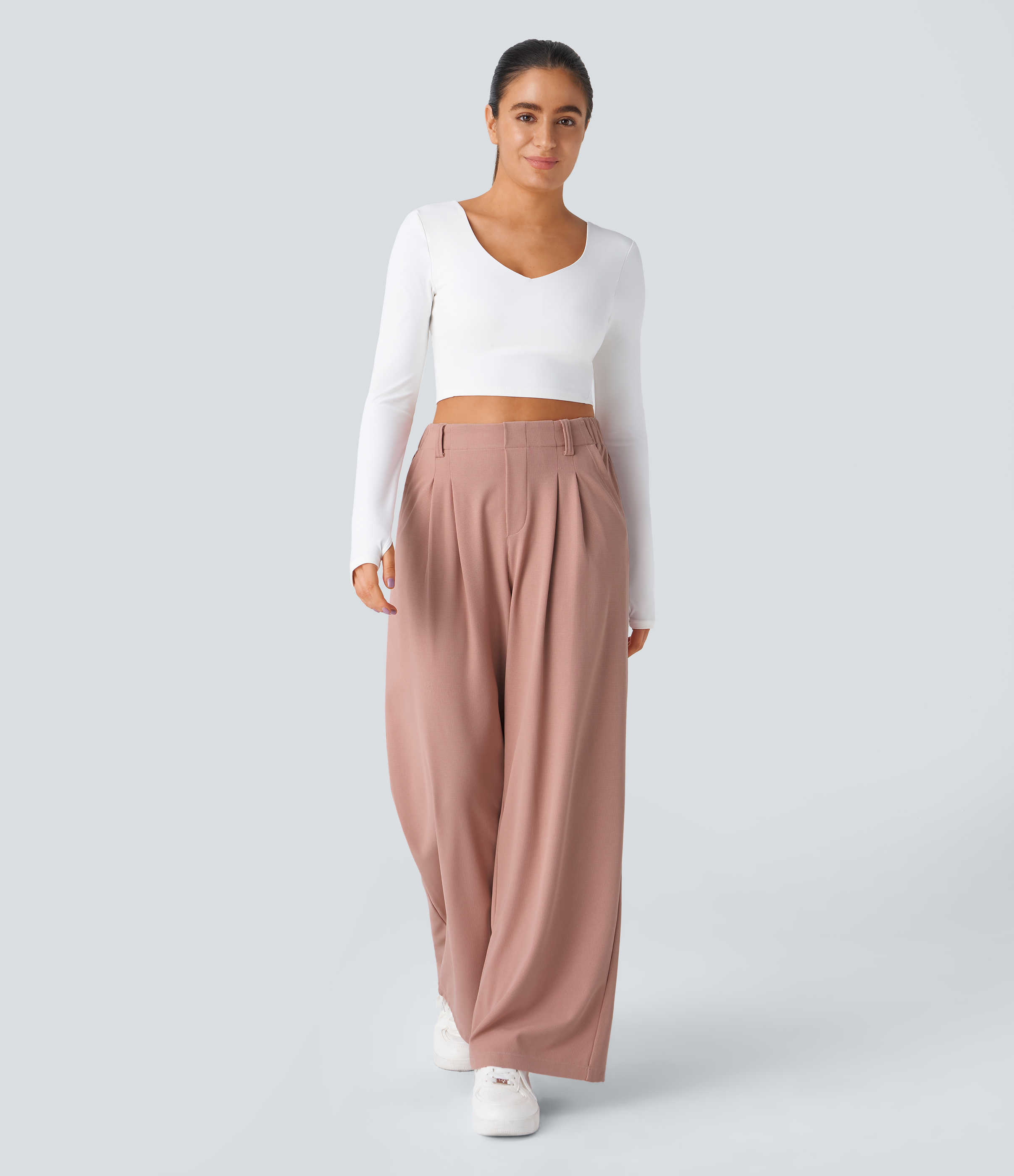 Rose Tan High-Waisted Pleated Wide-Leg Waffle Work Pants with Pockets - 2