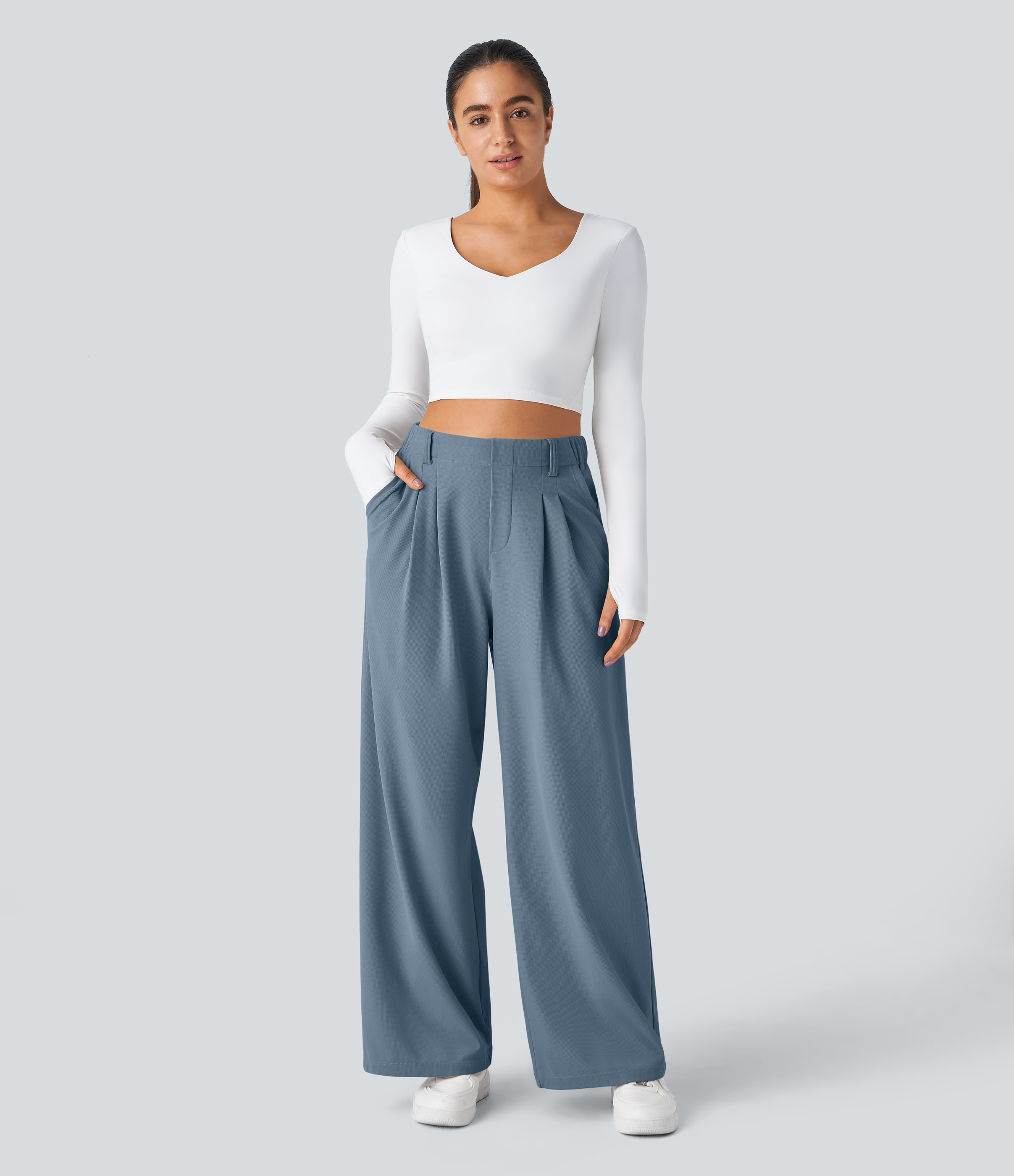Mountain Spring High-Waisted Pleated Wide-Leg Waffle Work Pants with Pockets - 5