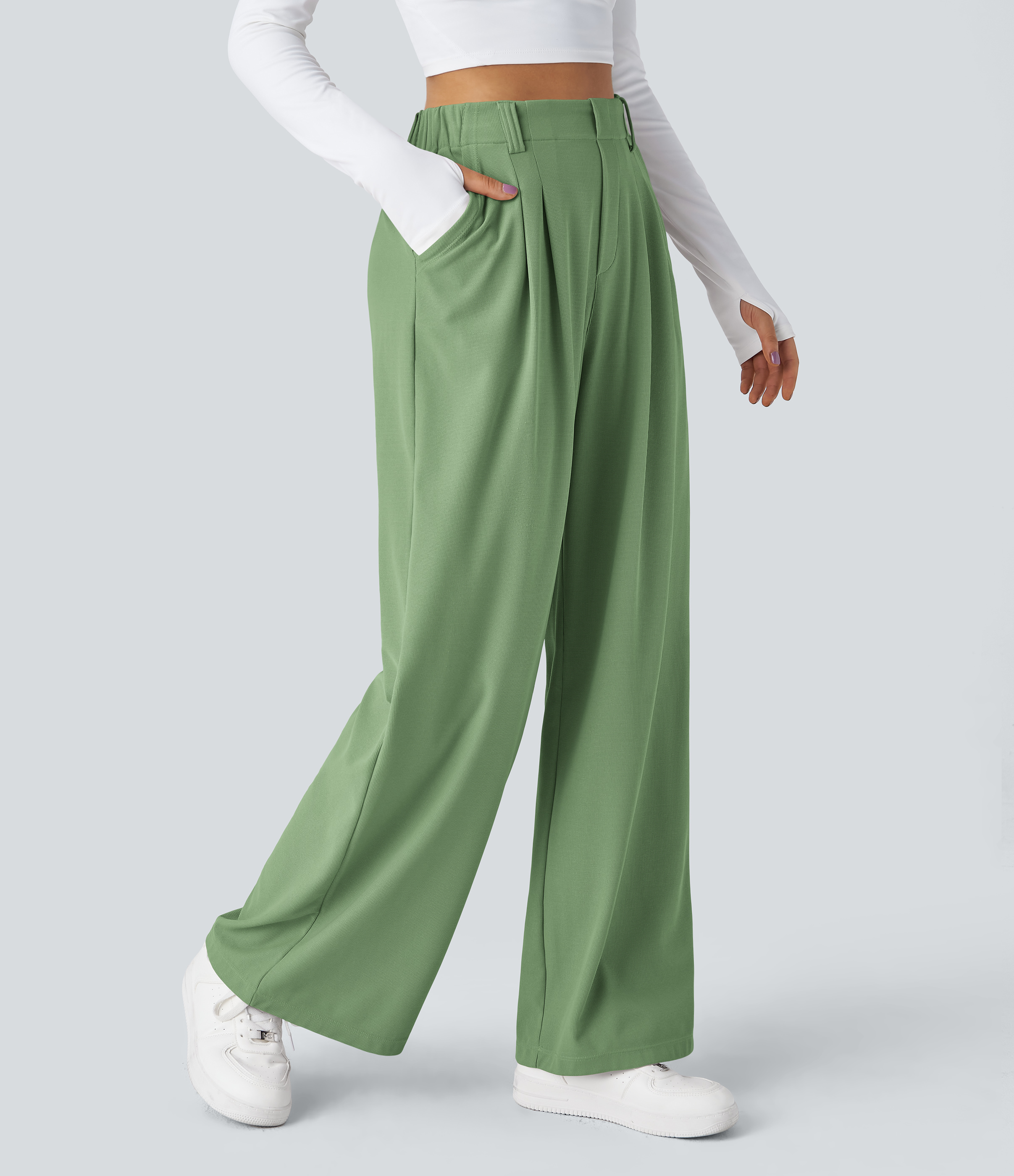 Kashmir High-Waisted Pleated Wide-Leg Waffle Work Pants with Pockets - 1