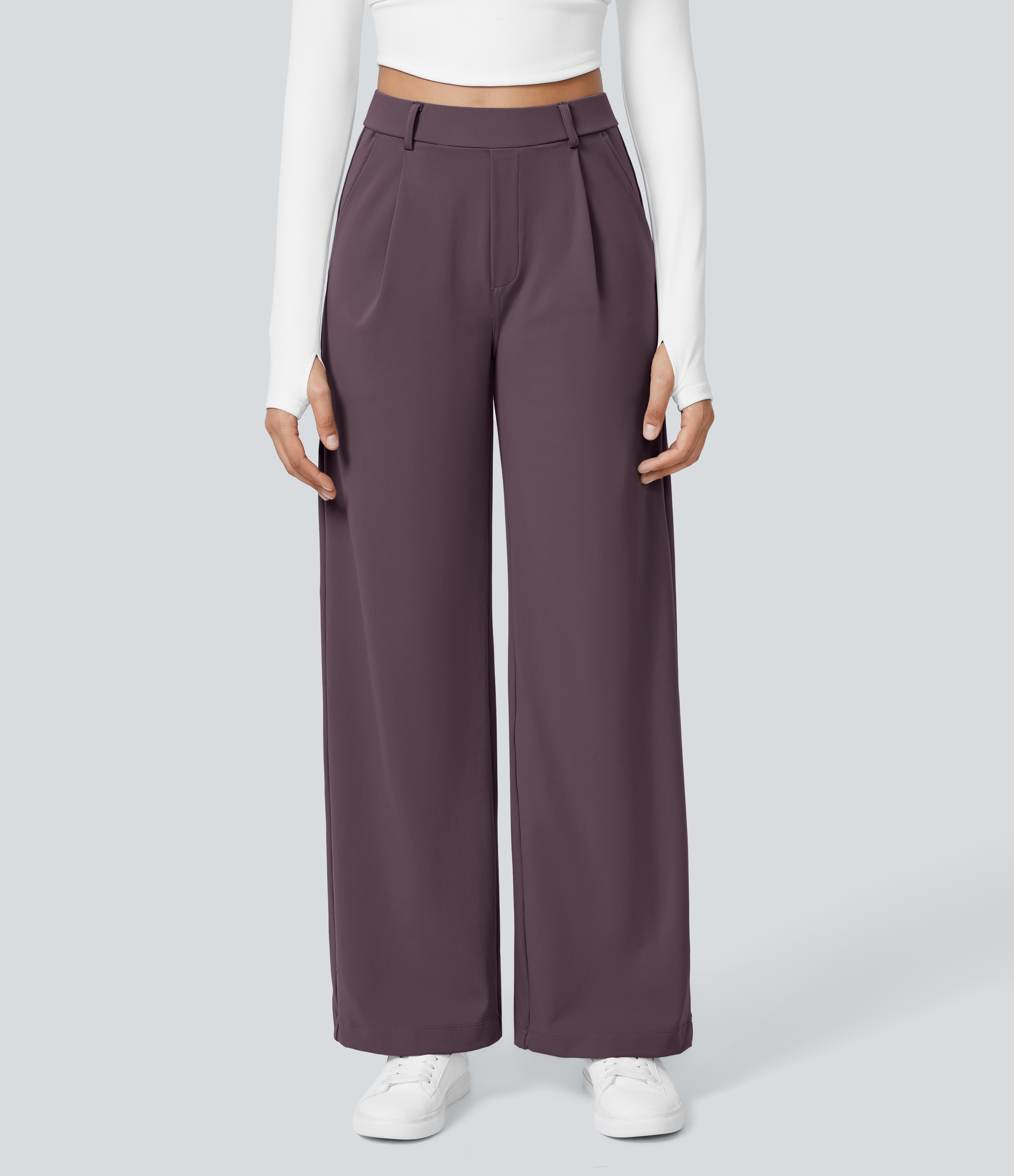 Dusky Evening purple High Waisted Pleated Straight Leg Work Pants with Pockets - 2