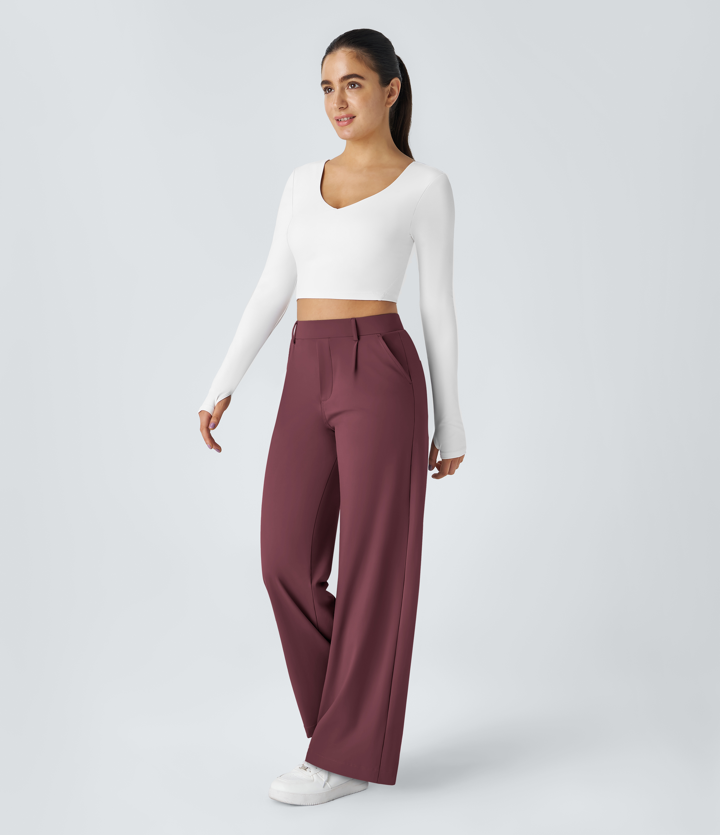 Red Mahogany High Waisted Pleated Straight Leg Work Pants with Pockets - 6