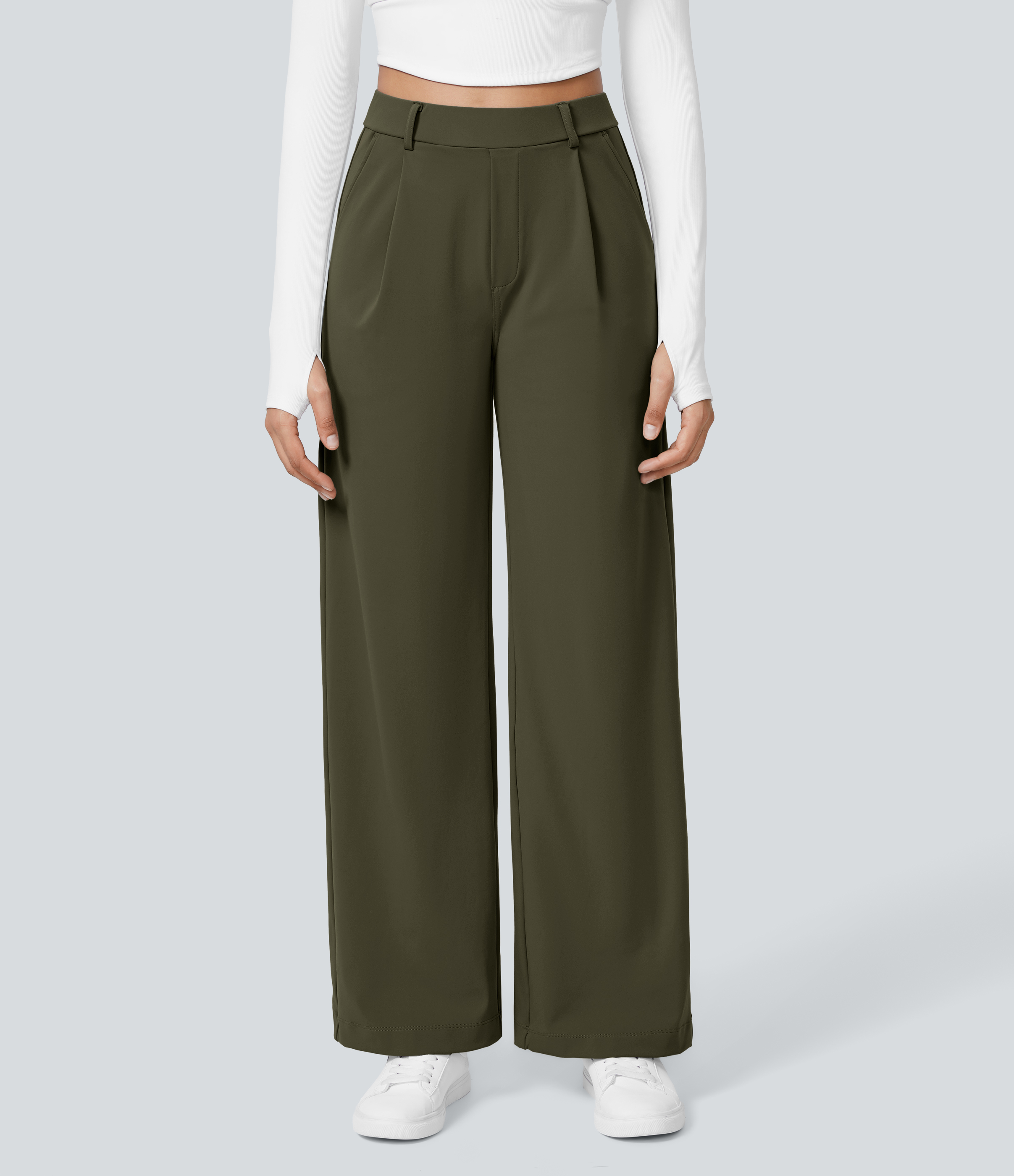 Forest Night High Waisted Pleated Straight Leg Work Pants with Pockets - 2