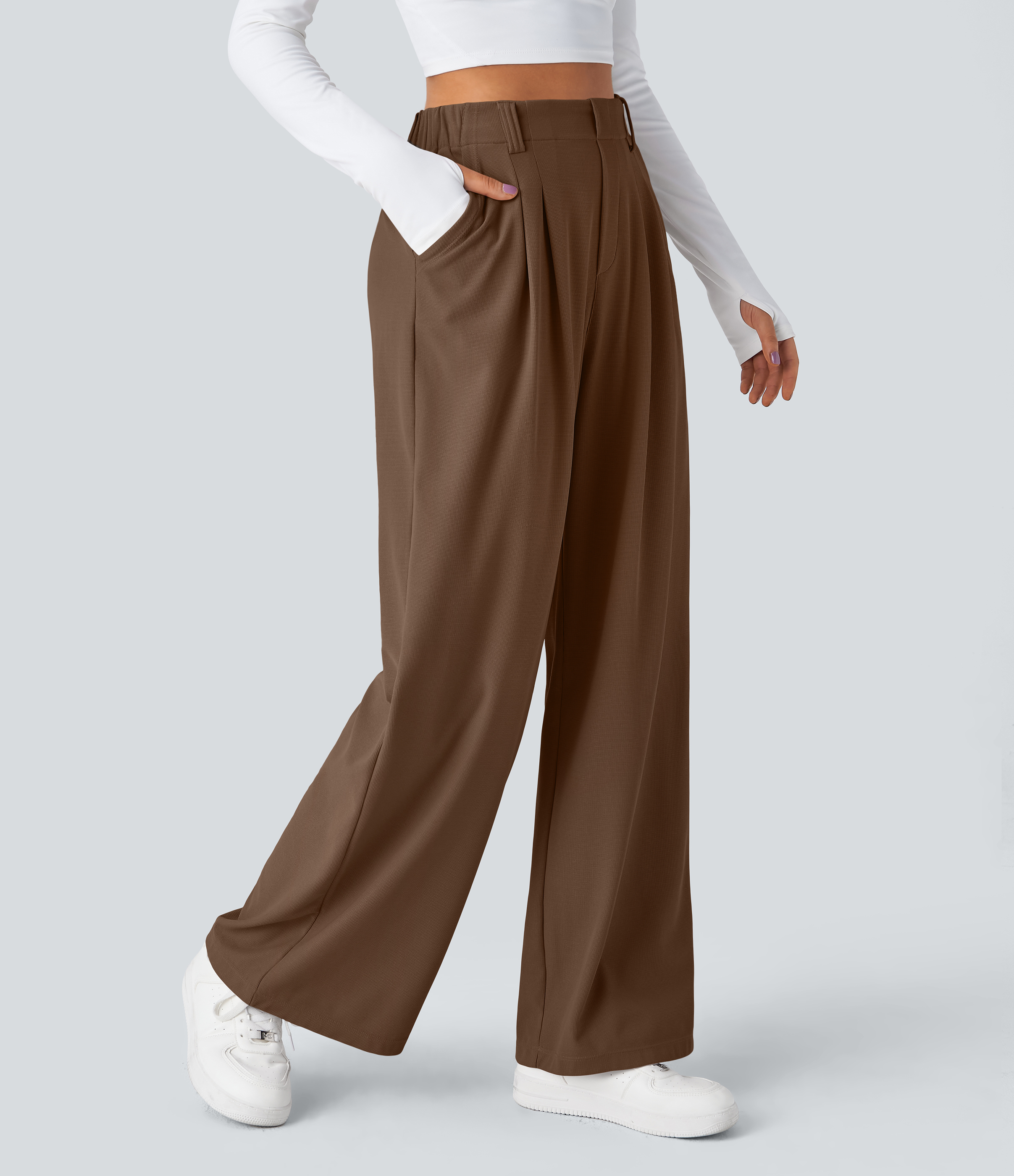 Partridge High-Waisted Pleated Wide-Leg Waffle Work Pants with Pockets - 1