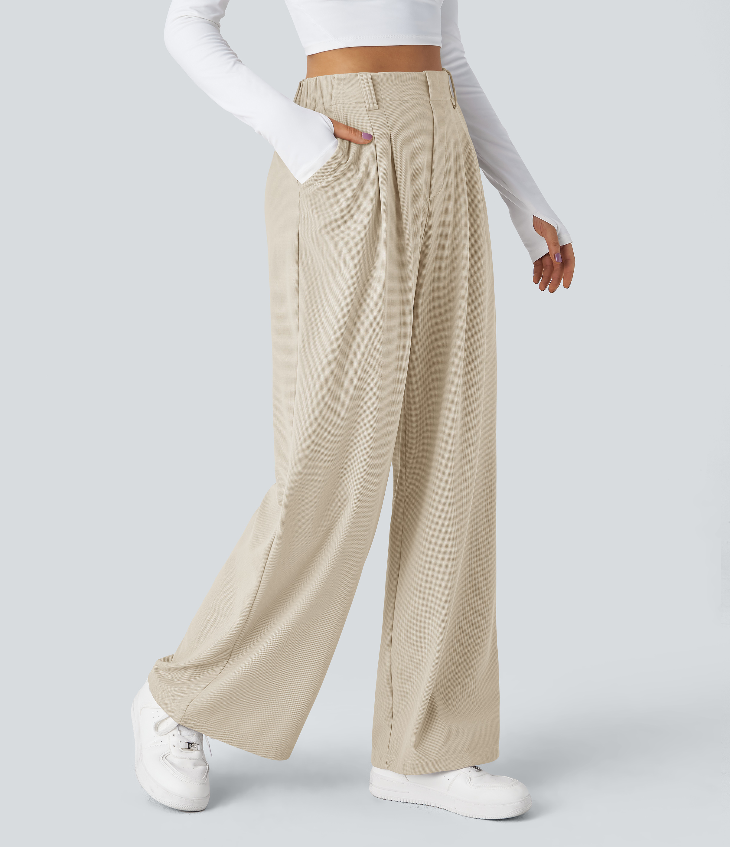 Oat Milk High-Waisted Pleated Wide-Leg Waffle Work Pants with Pockets - 1