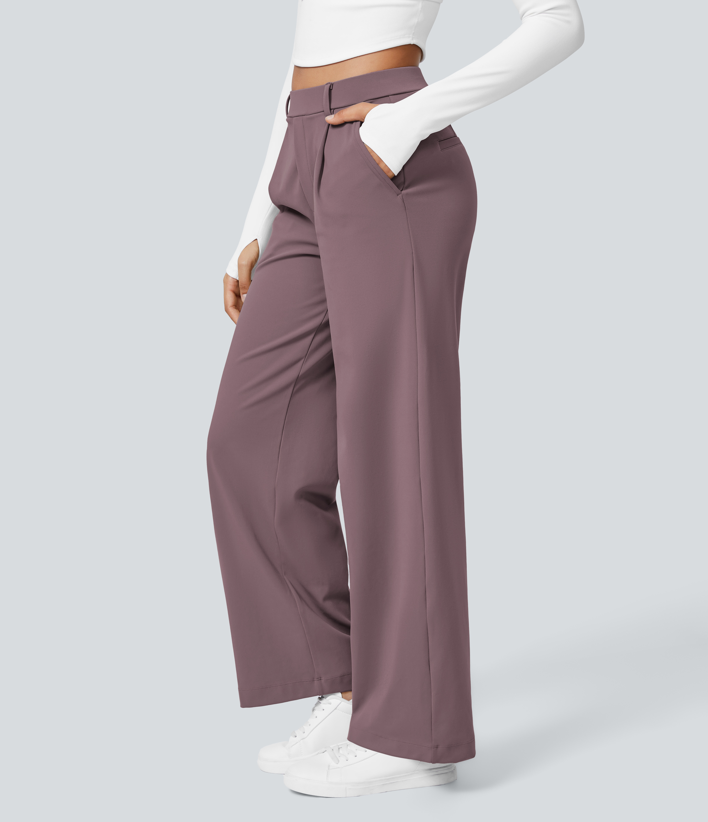 Purple Sandalwood High Waisted Pleated Straight Leg Work Pants with Pockets - 3