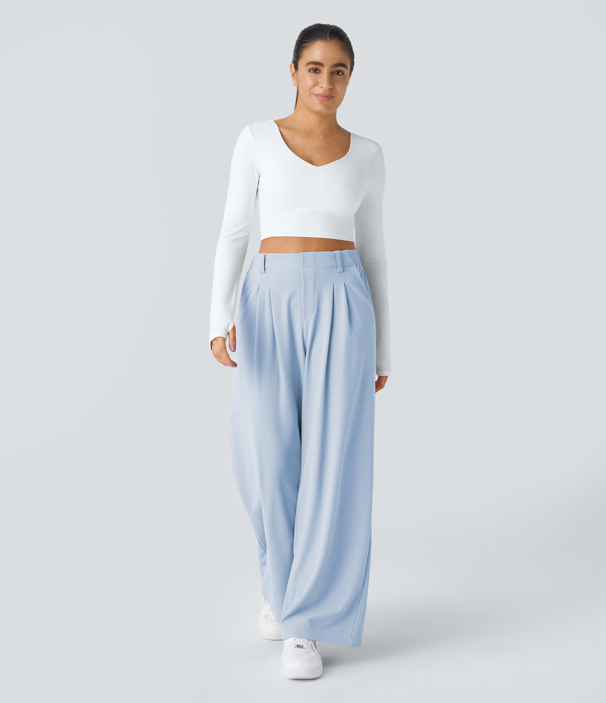 Omphalodes High-Waisted Pleated Wide-Leg Waffle Work Pants with Pockets - 5