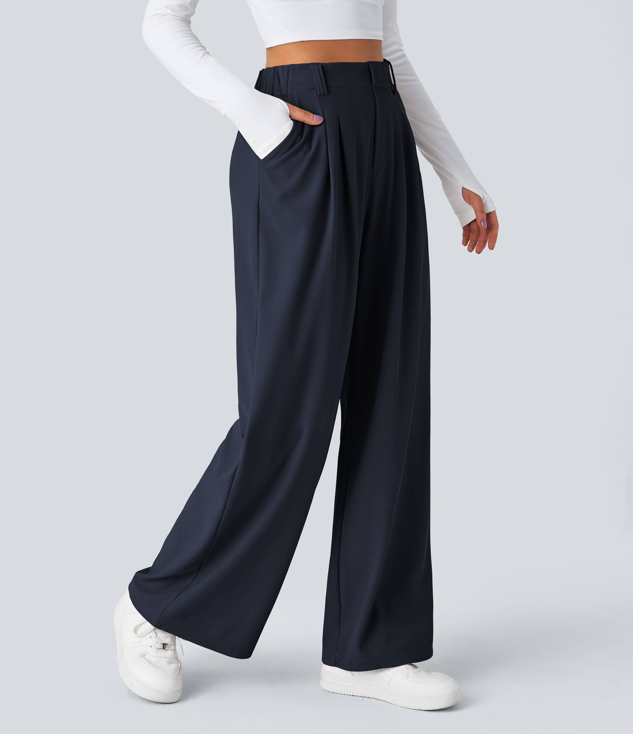 Navy Blazer High-Waisted Pleated Wide-Leg Waffle Work Pants with Pockets - 3