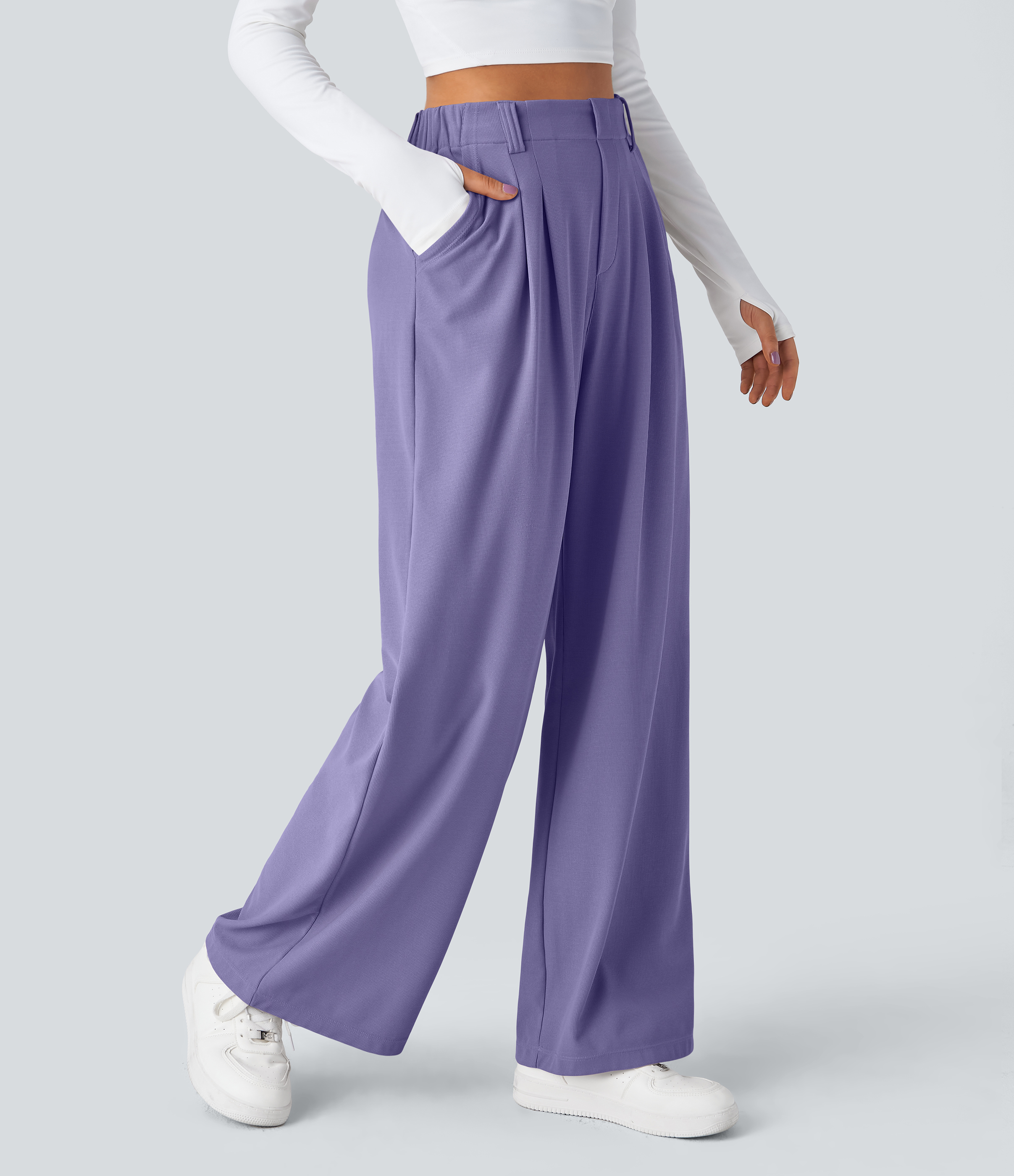 Mellow Purple High-Waisted Pleated Wide-Leg Waffle Work Pants with Pockets - 1