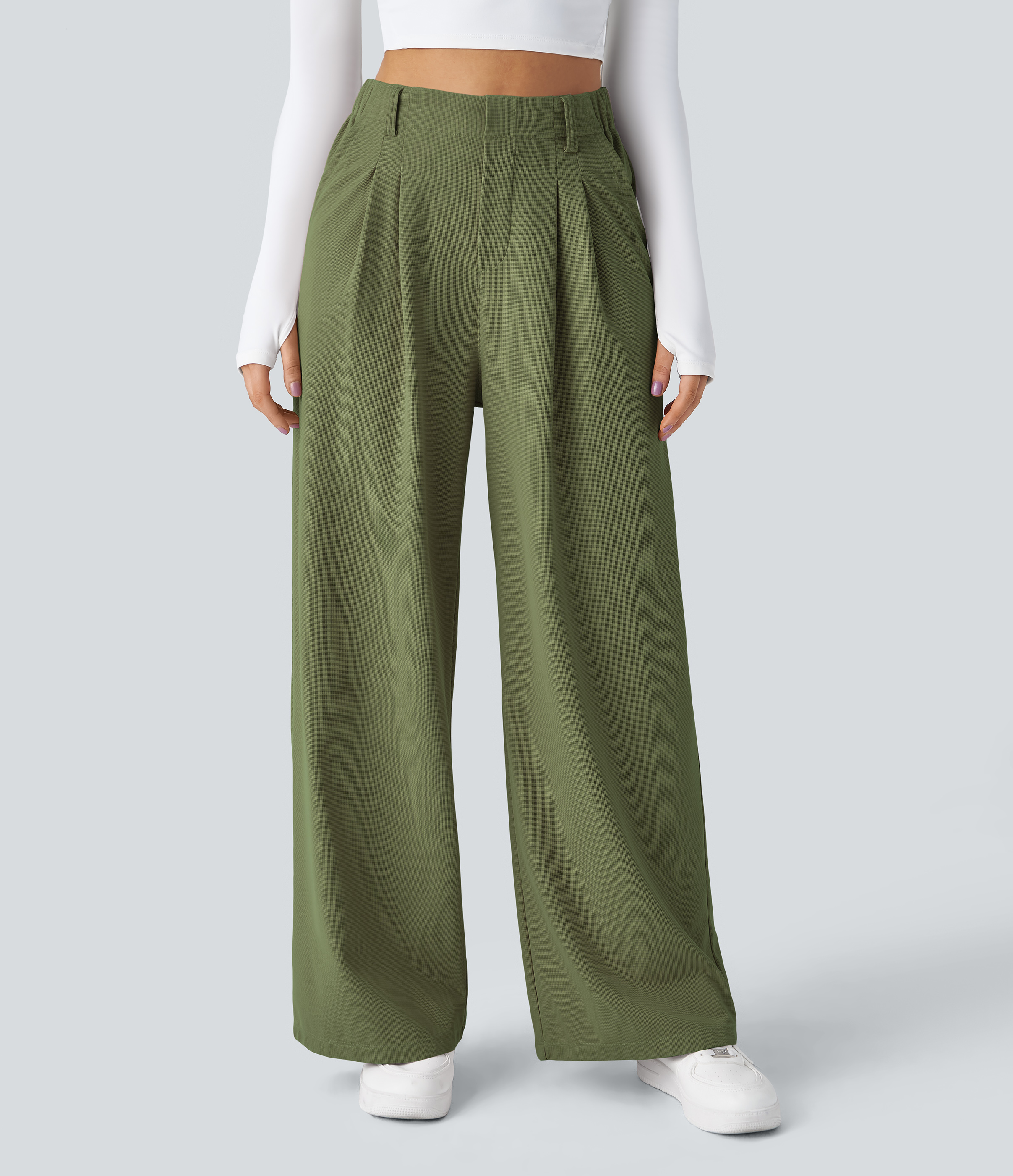 Loden Green High-Waisted Pleated Wide-Leg Waffle Work Pants with Pockets - 3