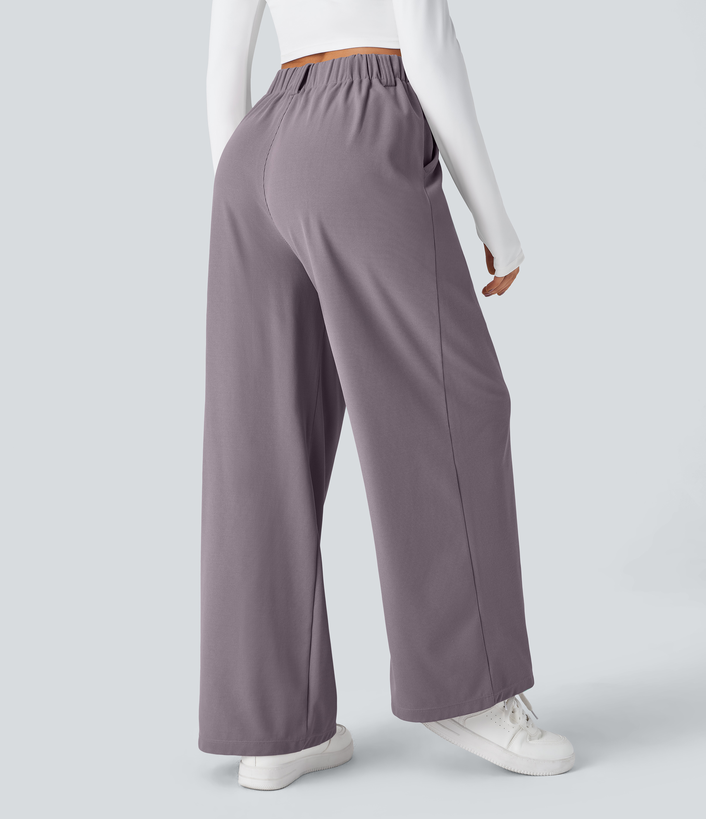 Hibiscus Purple High-Waisted Pleated Wide-Leg Waffle Work Pants with Pockets - 2