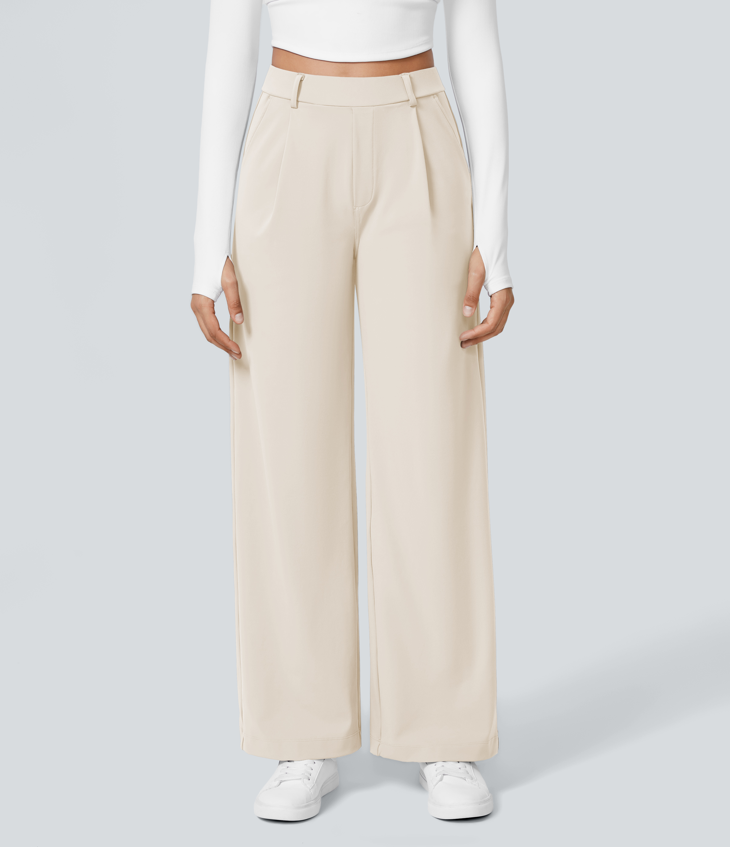 Egg Cream White High Waisted Pleated Straight Leg Work Pants with Pockets - 2