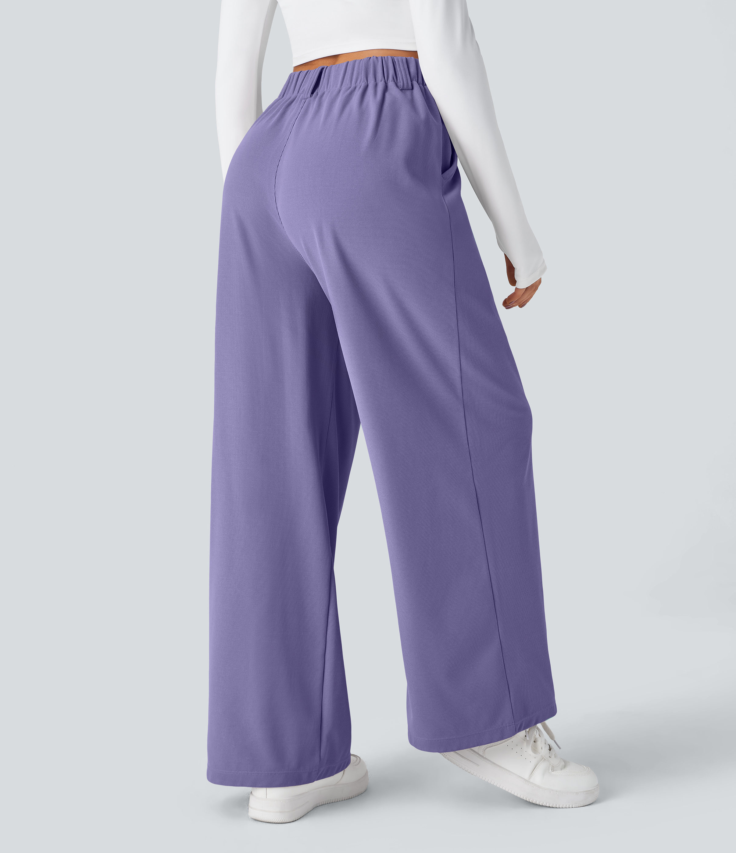 Mellow Purple High-Waisted Pleated Wide-Leg Waffle Work Pants with Pockets - 2