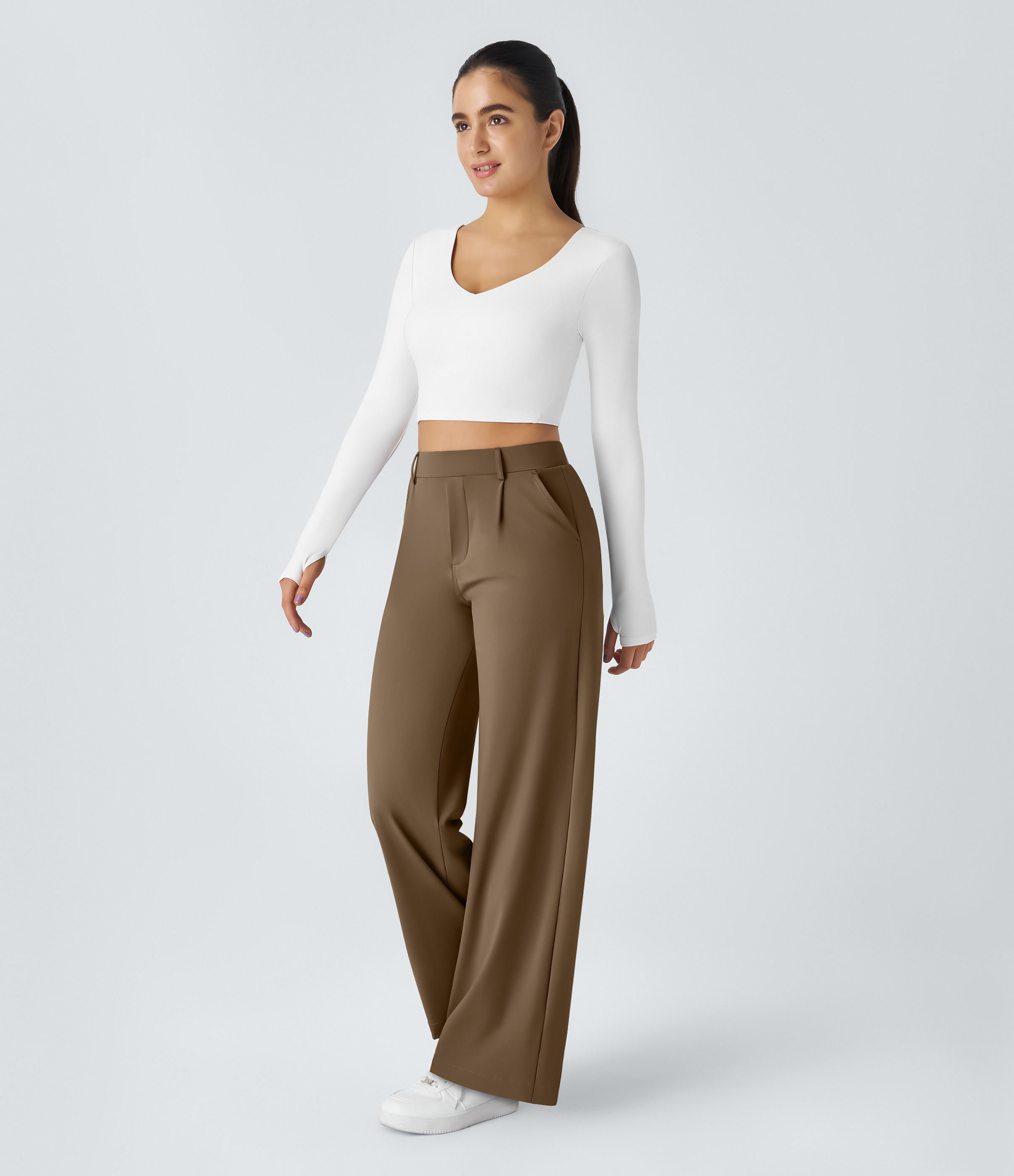 Sepia High Waisted Pleated Straight Leg Work Pants with Pockets - 6