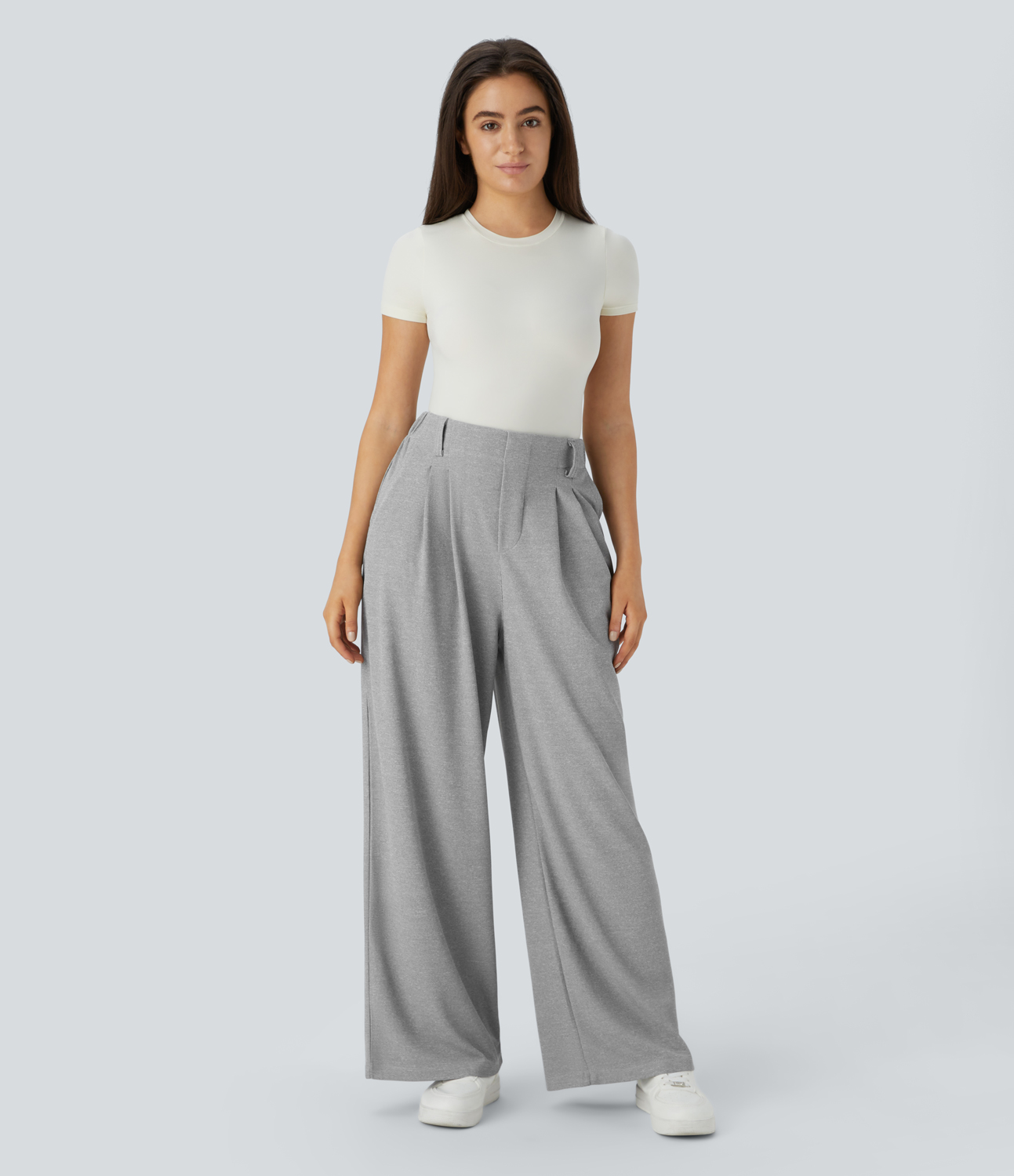 Waffle Gray High-Waisted Pleated Wide-Leg Waffle Work Pants with Pockets - 6