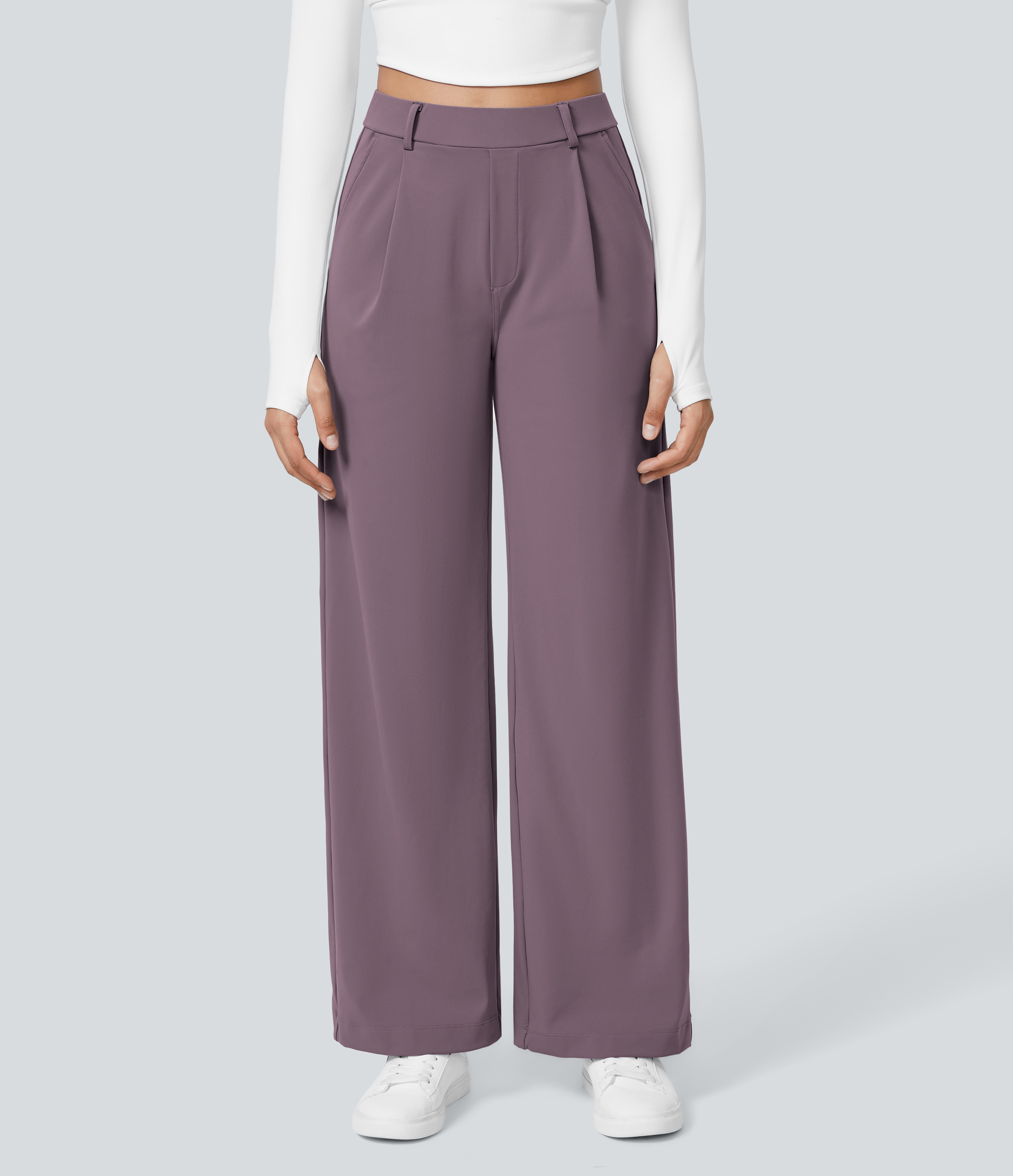 Nebula Purple High Waisted Pleated Straight Leg Work Pants with Pockets - 2